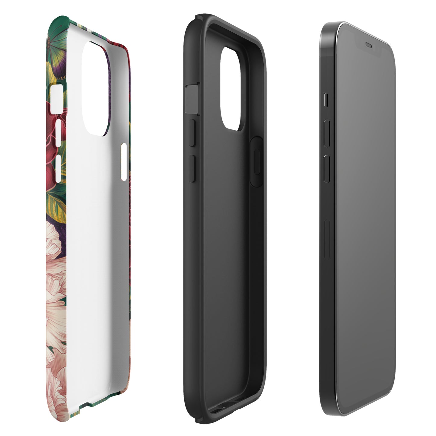 Phone Case for iPhone with botanical garden bloom design featuring roses, peonies, alliums, and butterflies.
