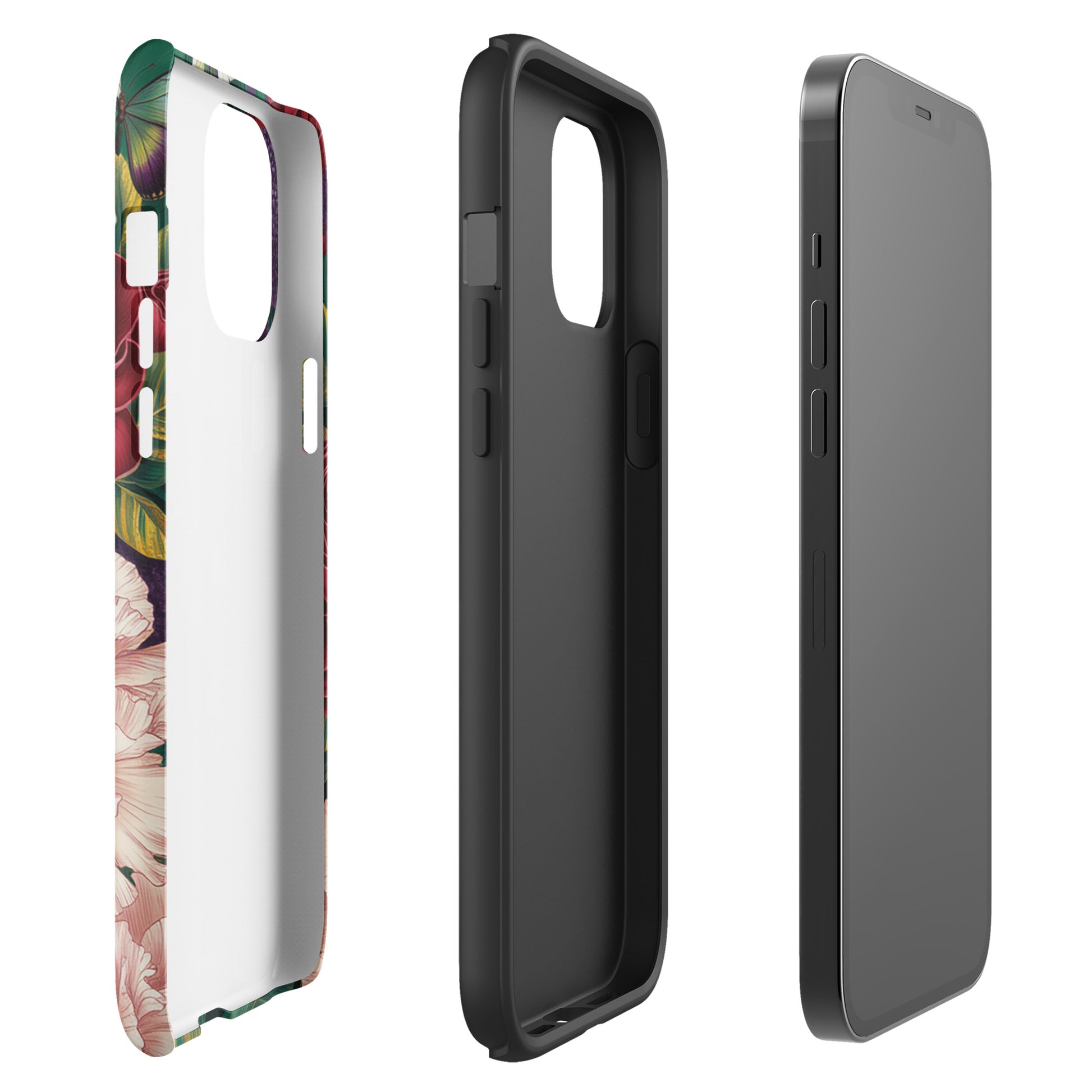 Phone Case for iPhone with botanical garden bloom design featuring roses, peonies, alliums, and butterflies.