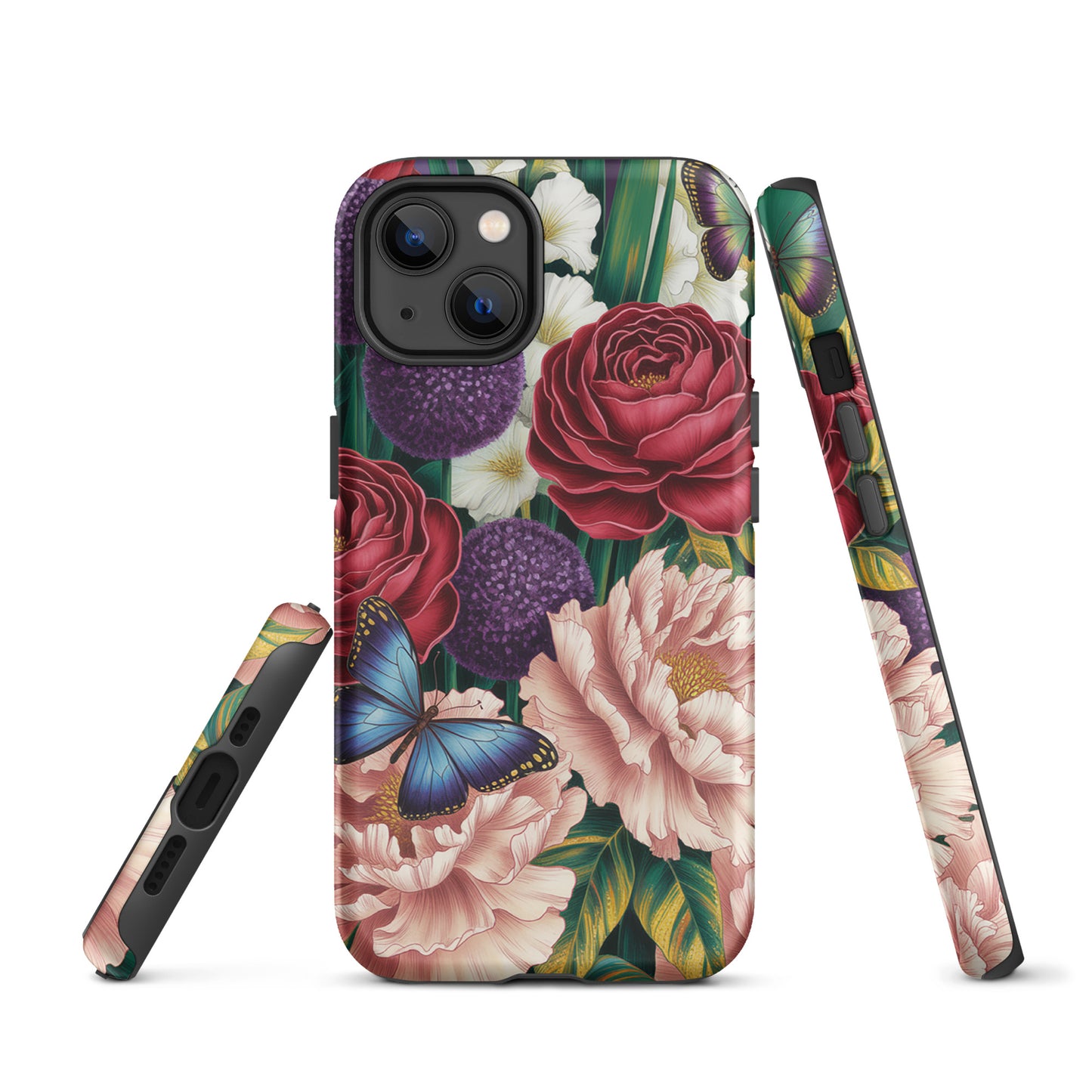 Phone Case for iPhone with botanical design, featuring crimson roses, pink peonies, purple alliums, and blue butterflies.
