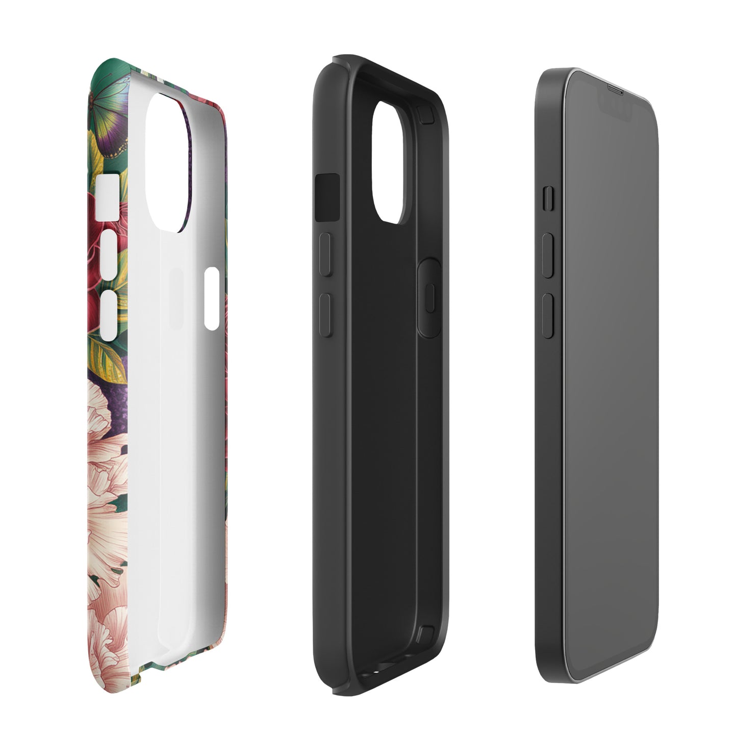 Phone Case for iPhone with vibrant botanical garden design, featuring crimson roses, pink peonies, and blue butterflies on lush foliage.