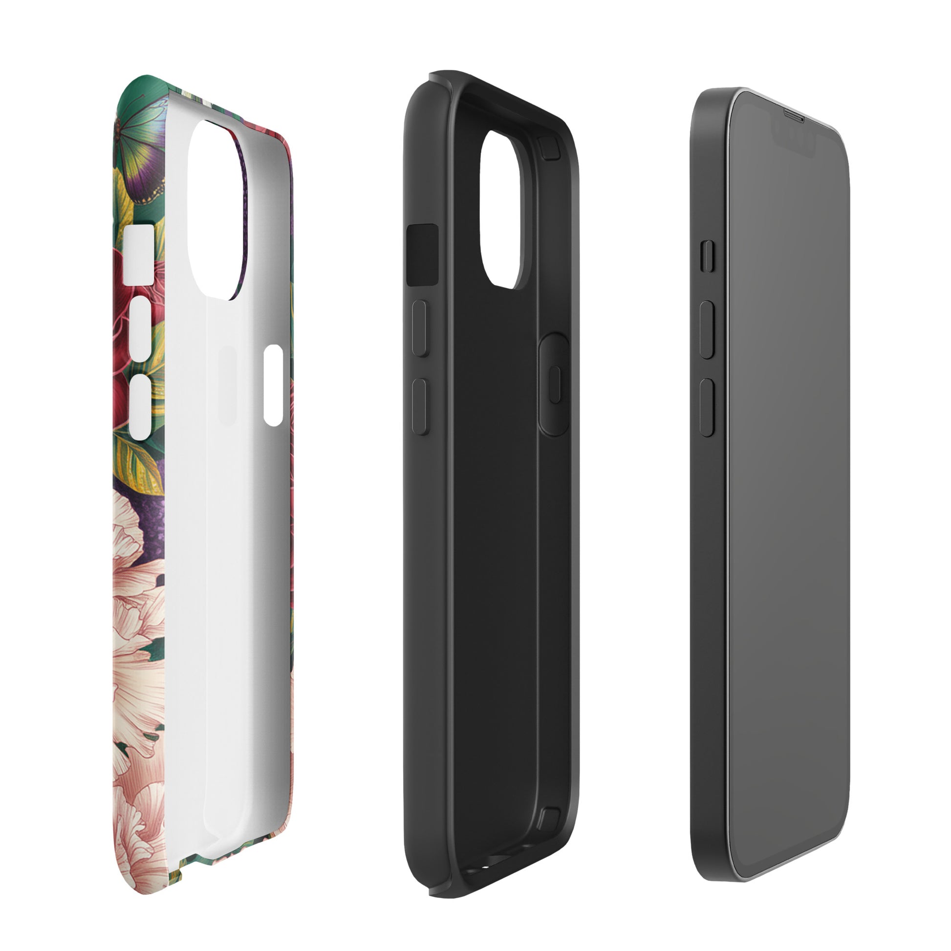 Phone Case for iPhone with vibrant botanical garden design, featuring crimson roses, pink peonies, and blue butterflies on lush foliage.