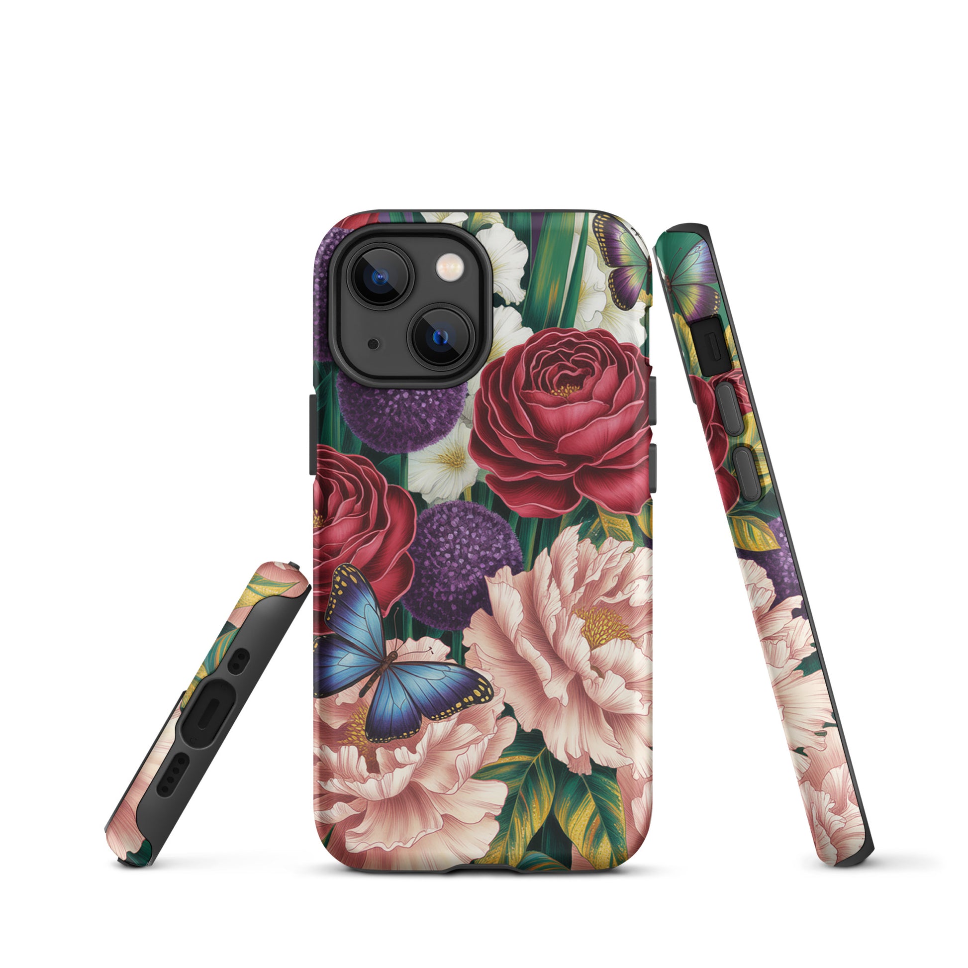 Phone Case for iPhone with botanical garden design featuring roses, peonies, alliums, foliage, and blue butterflies.