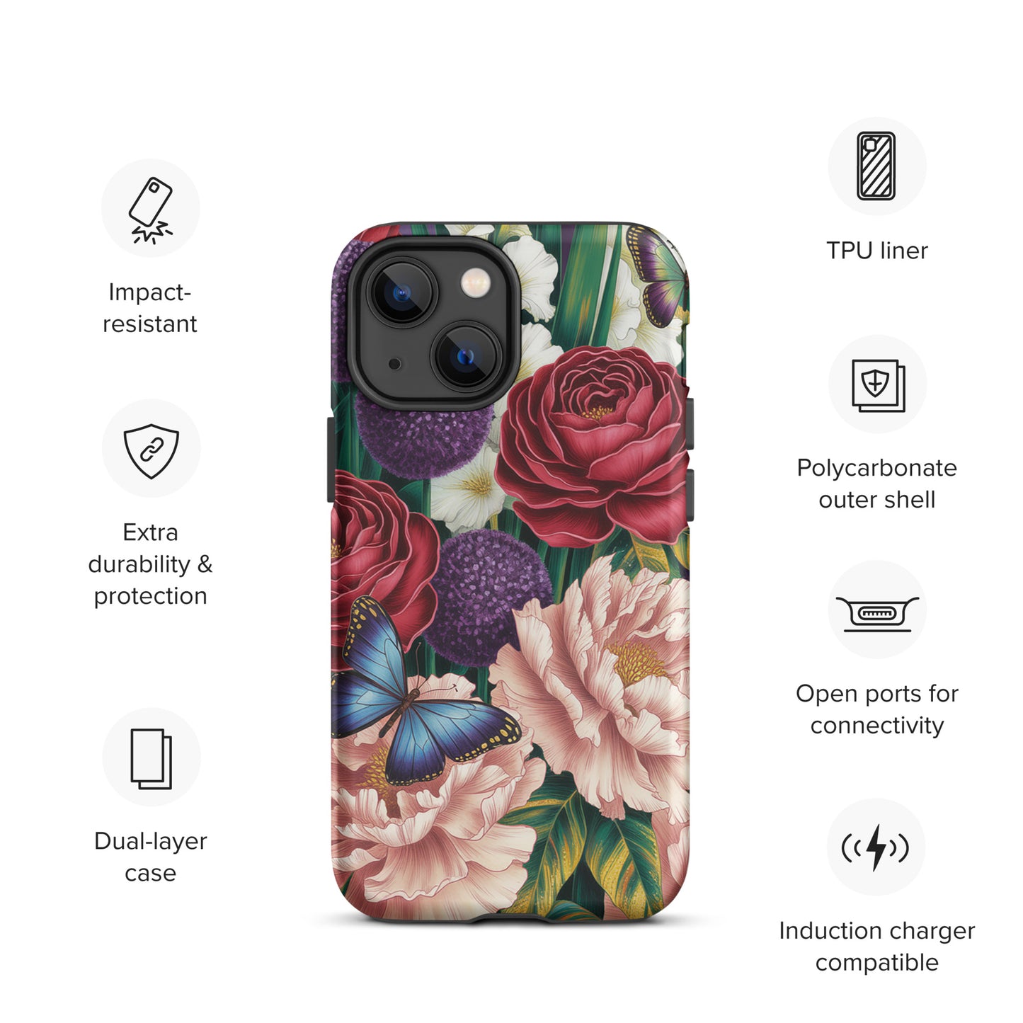 Botanical Garden Bloom Phone Case with crimson roses, pink peonies, and blue butterflies for iPhone, showcasing durability and style.