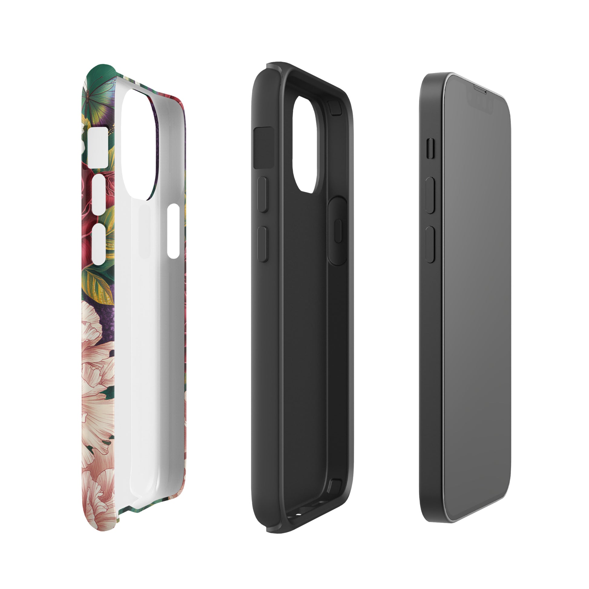 Phone Case for iPhone featuring floral design with crimson roses, pink peonies, and purple alliums, showcasing artistic botanical style.