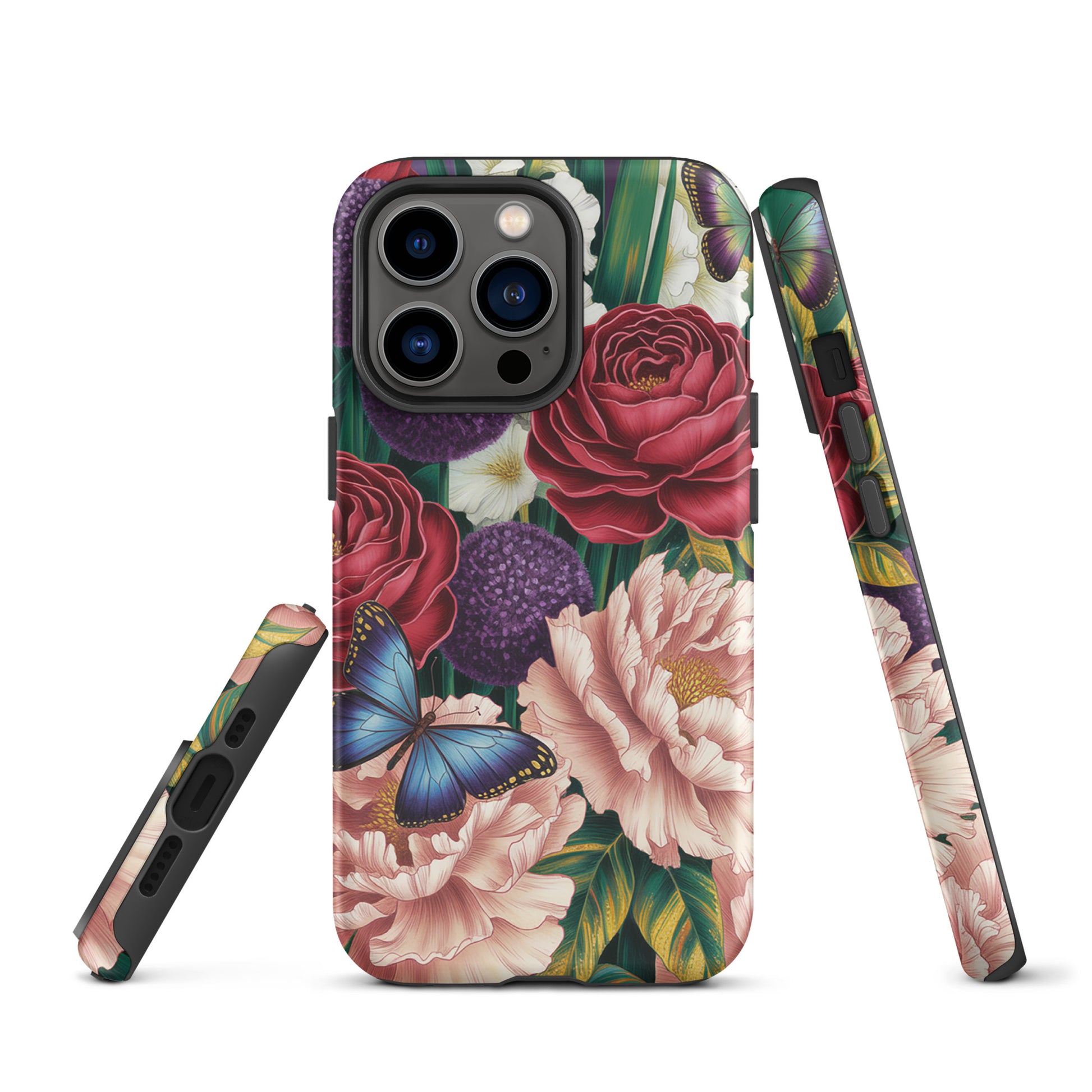 Phone Case for iPhone with floral design featuring roses, peonies, and butterflies, inspired by Botanical Garden Bloom.
