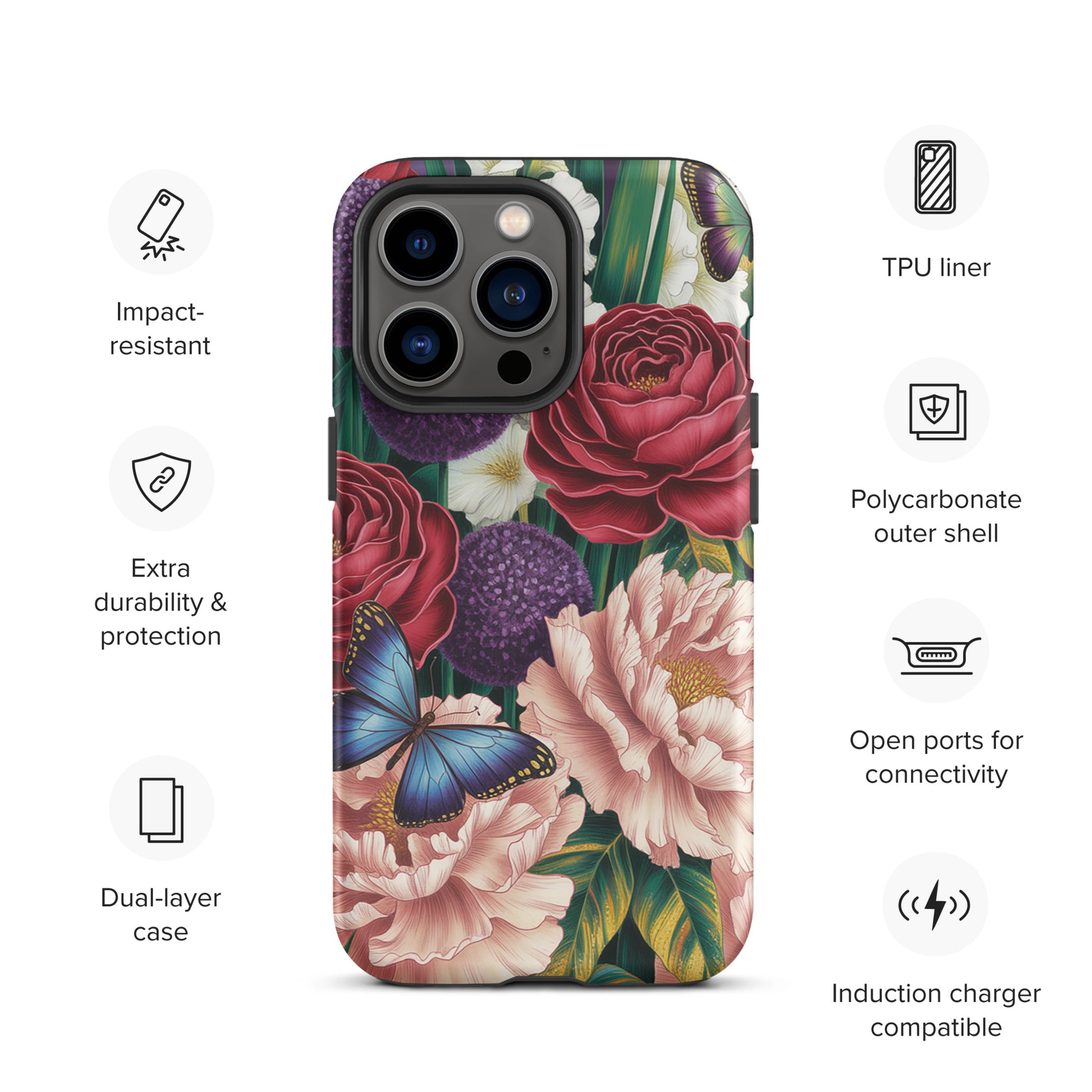 Phone Case for iPhone with botanical garden design featuring roses, peonies, alliums, and butterflies, showcasing impact resistance features.