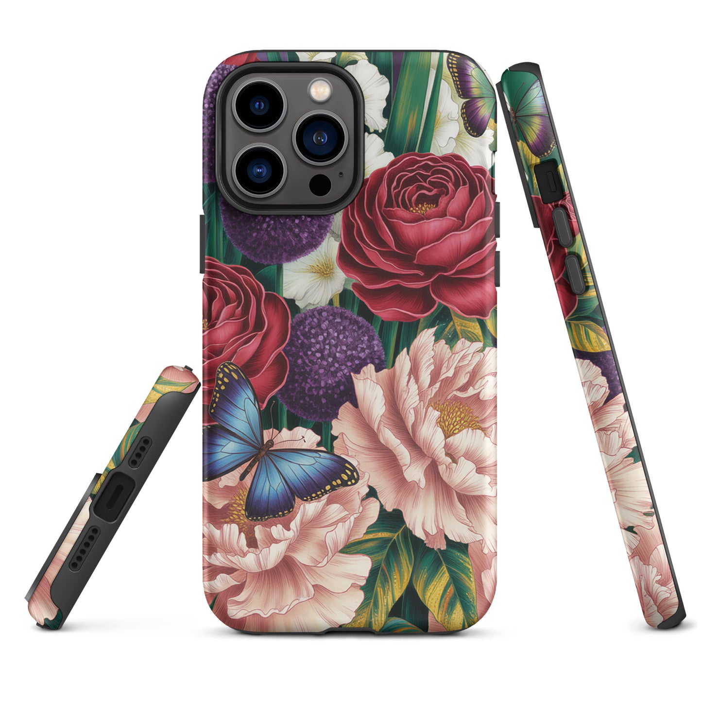 Phone Case for iPhone with vivid botanical design featuring crimson roses, pink peonies, purple alliums, and blue butterflies.