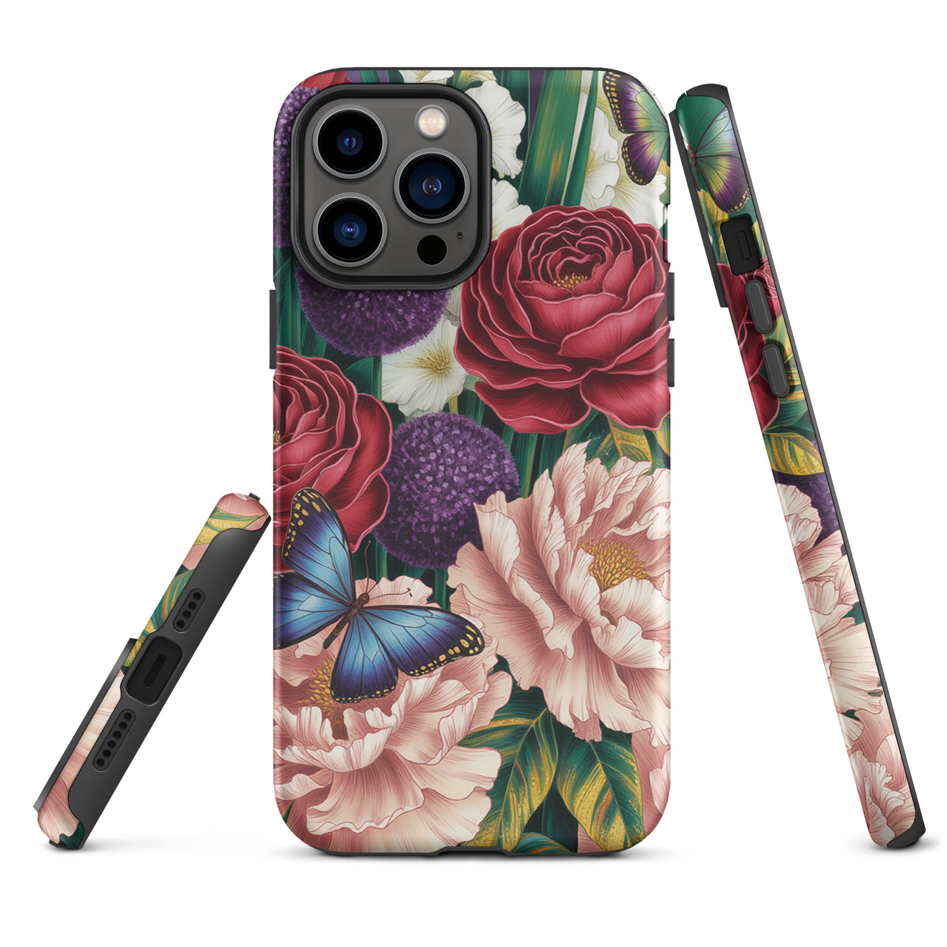 Phone Case for iPhone with vivid botanical design featuring crimson roses, pink peonies, purple alliums, and blue butterflies.