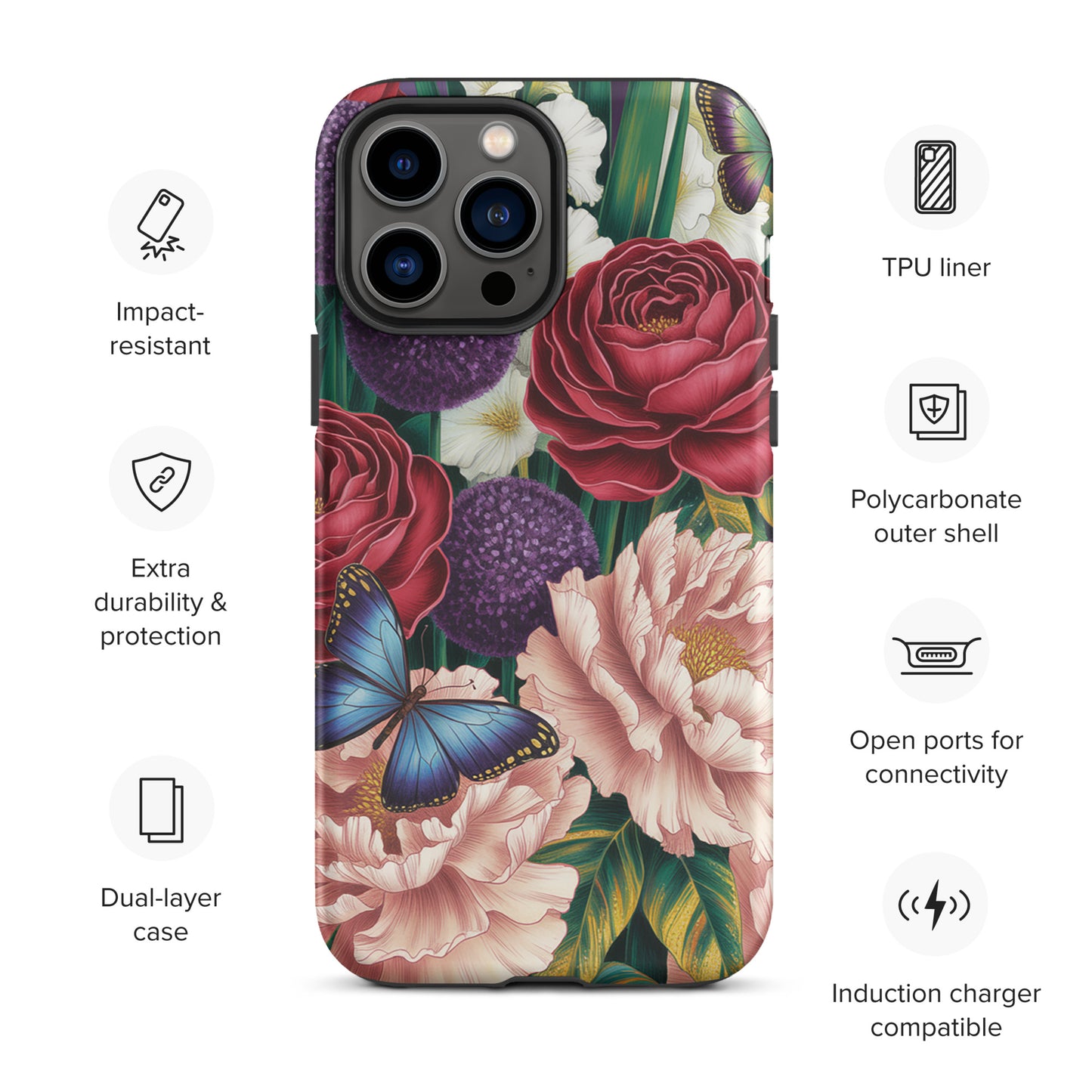 Phone Case featuring vivid crimson roses, pink peonies, purple alliums, and blue butterflies on an iPhone.