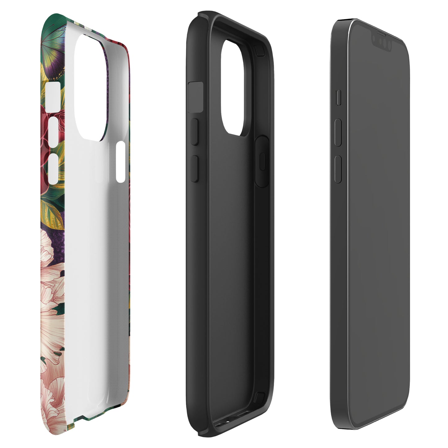 Phone Case for iPhone with floral design featuring crimson roses, pink peonies, and purple alliums on white background.