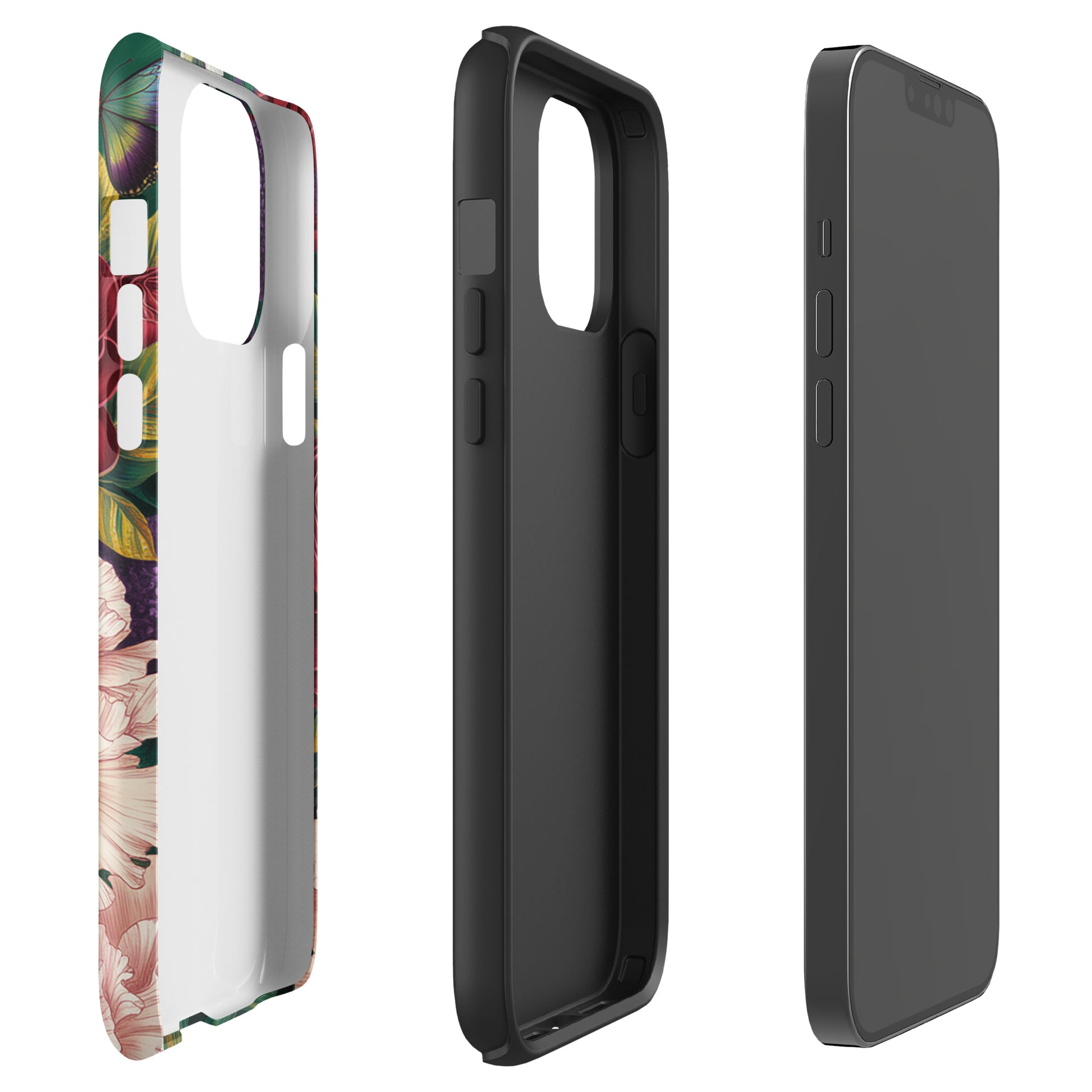 Phone Case for iPhone with floral design featuring crimson roses, pink peonies, and purple alliums on white background.