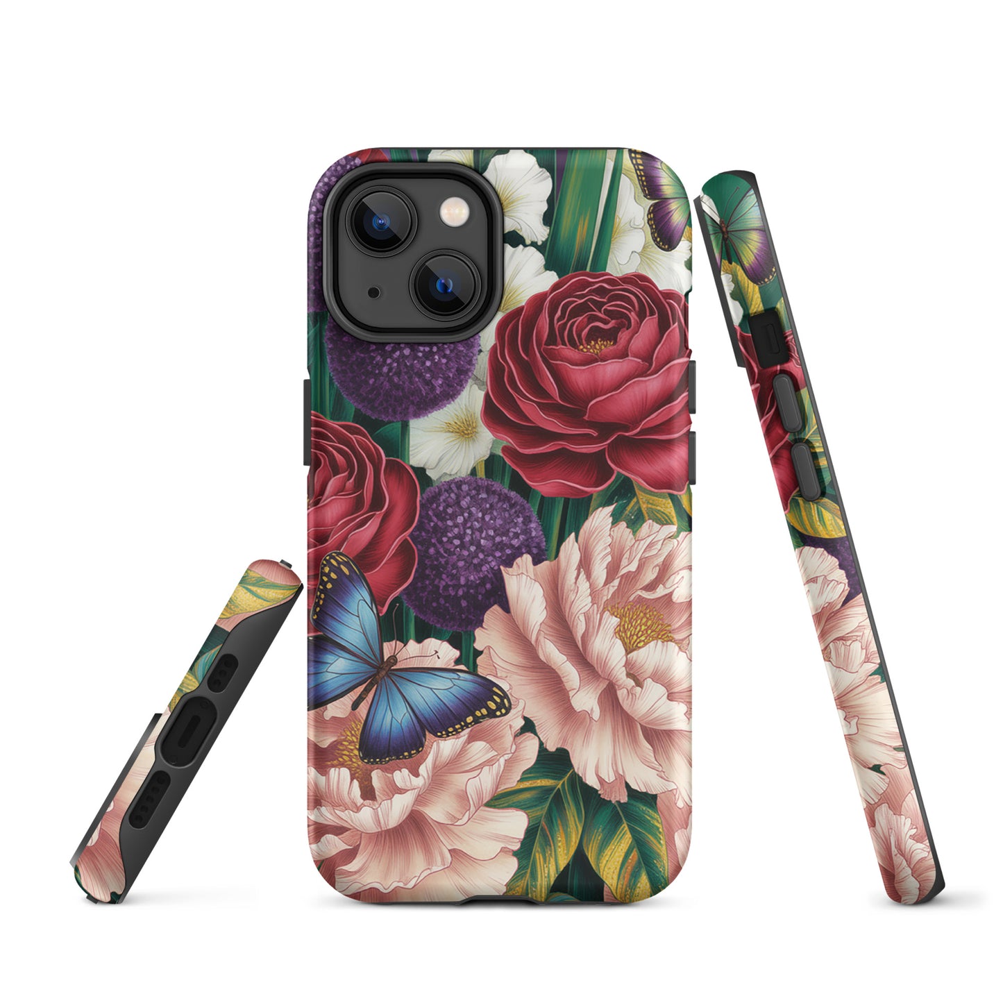 Phone Case for iPhone with floral design featuring crimson roses, pink peonies, purple alliums, and blue butterflies. Botanical garden theme.