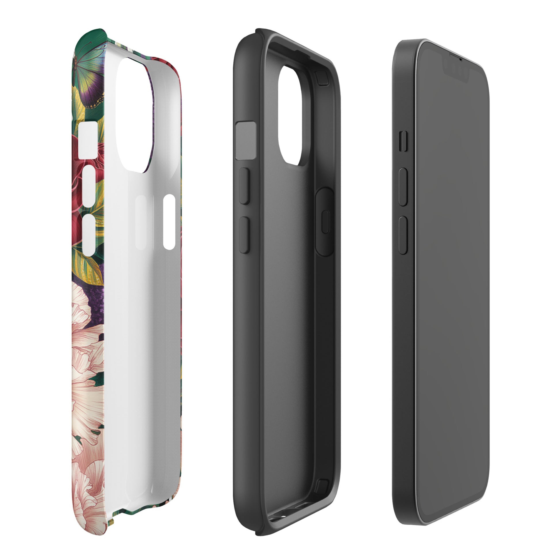 Phone Case featuring botanical garden bloom design for iPhone with crimson roses and blush pink peonies.