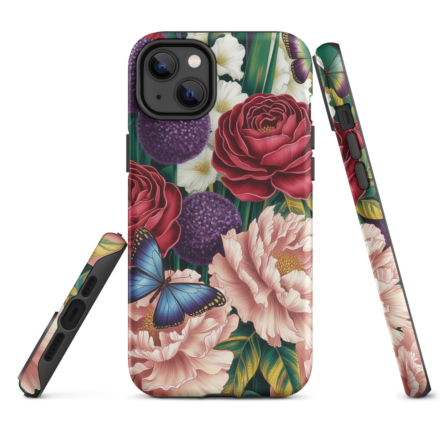 Phone Case for iPhone with botanical design featuring roses, peonies, alliums, and butterflies on a green foliage background.