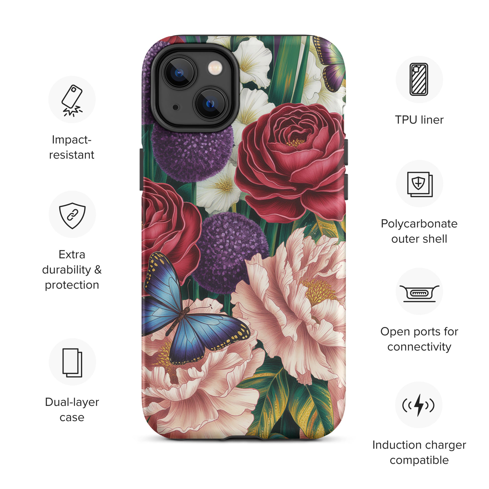 Phone Case for iPhone featuring botanical garden design with crimson roses, pink peonies, purple alliums, and blue butterflies.