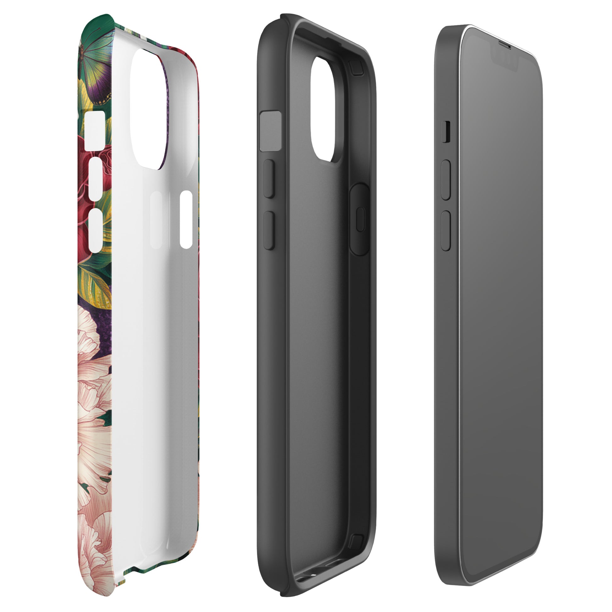Phone Case for iPhone with botanical garden design featuring roses and butterflies, providing stylish protection for your device.