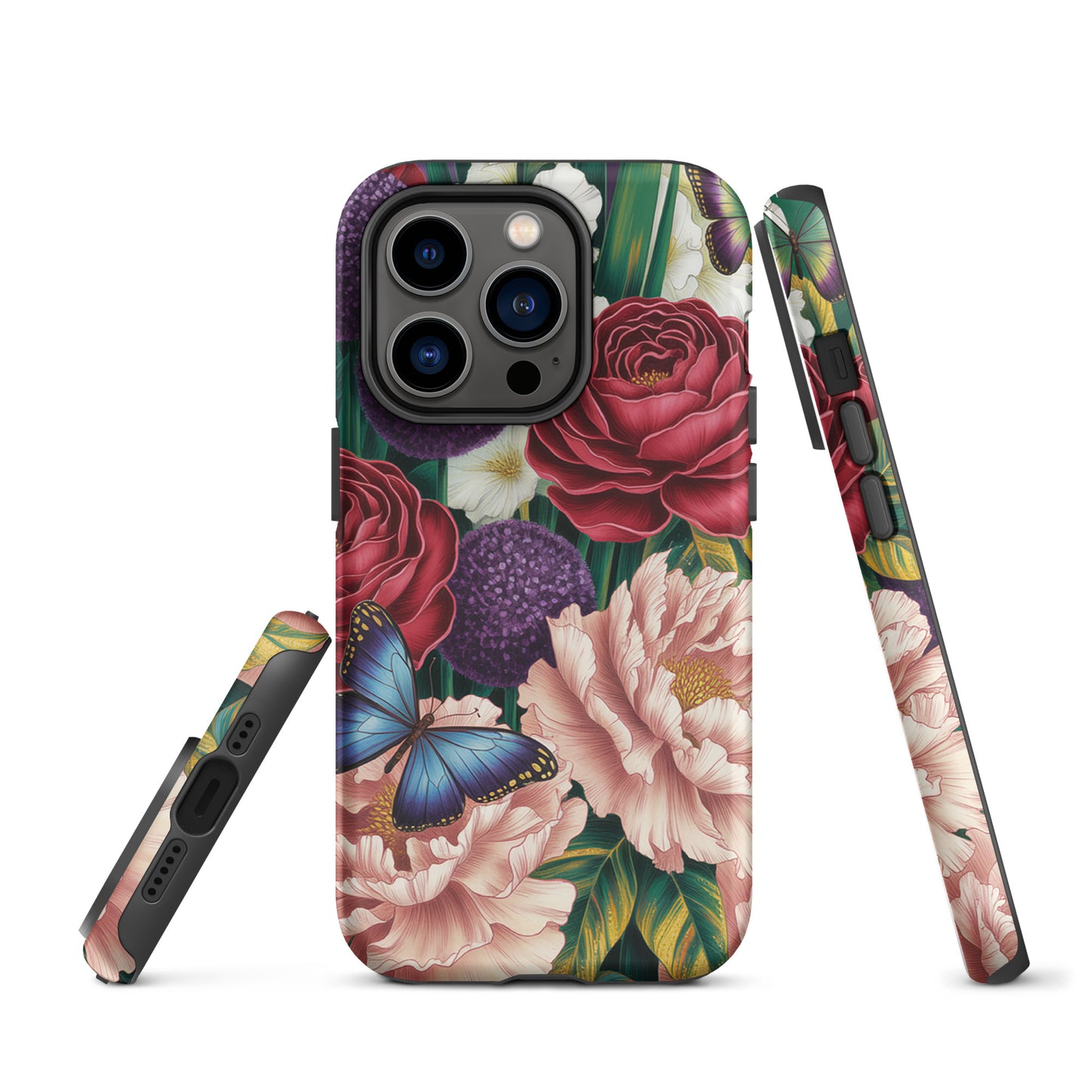 Phone Case for iPhone with botanical design of crimson roses, pink peonies, purple alliums, and sapphire-blue butterflies.
