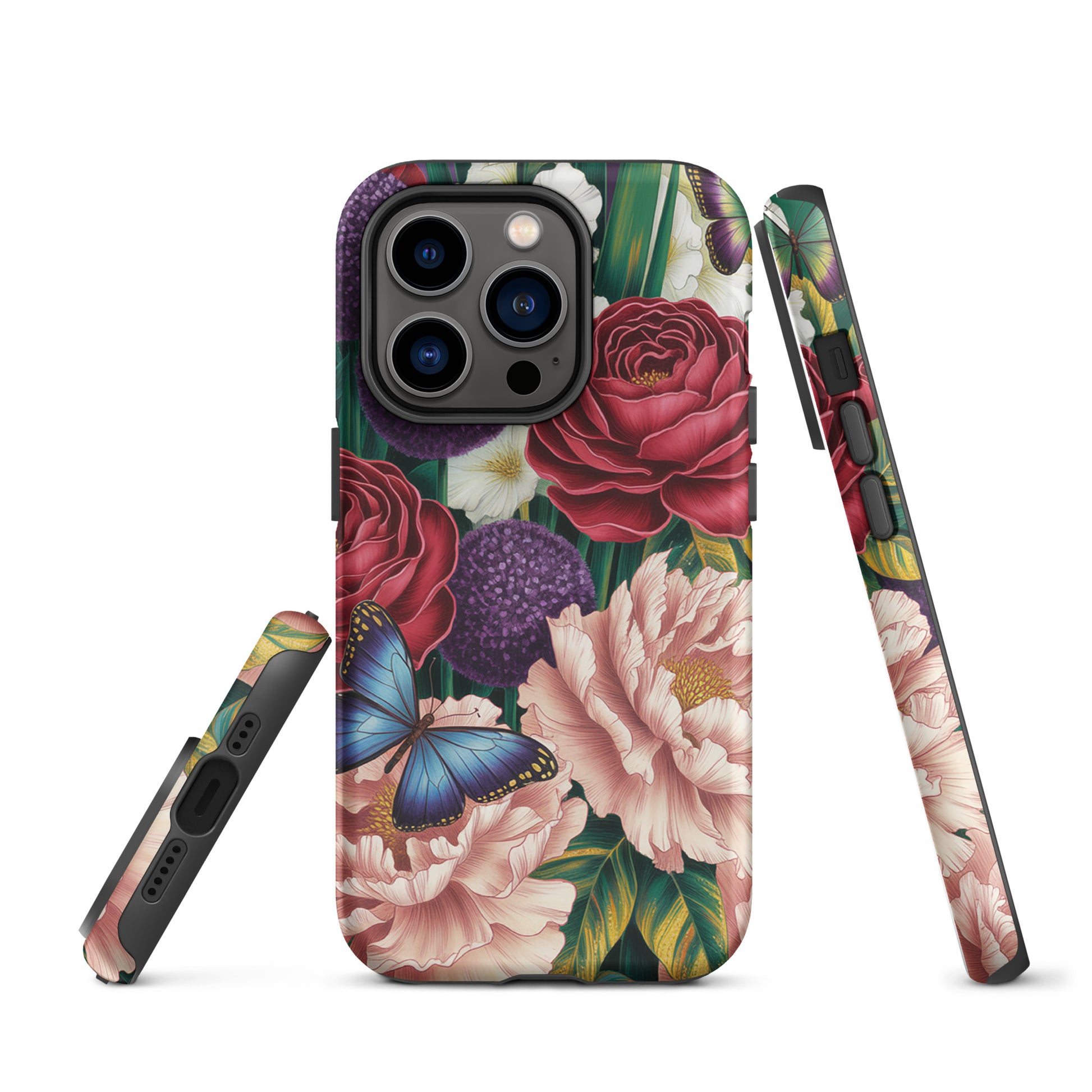Phone Case for iPhone with botanical design of crimson roses, pink peonies, purple alliums, and sapphire-blue butterflies.