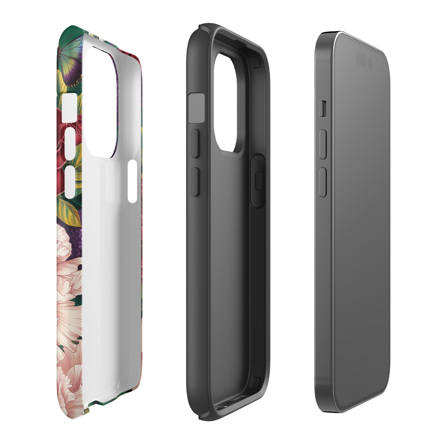 Phone Case for iPhone with botanical garden design featuring crimson roses, pink peonies, and blue butterflies. Three-piece view.