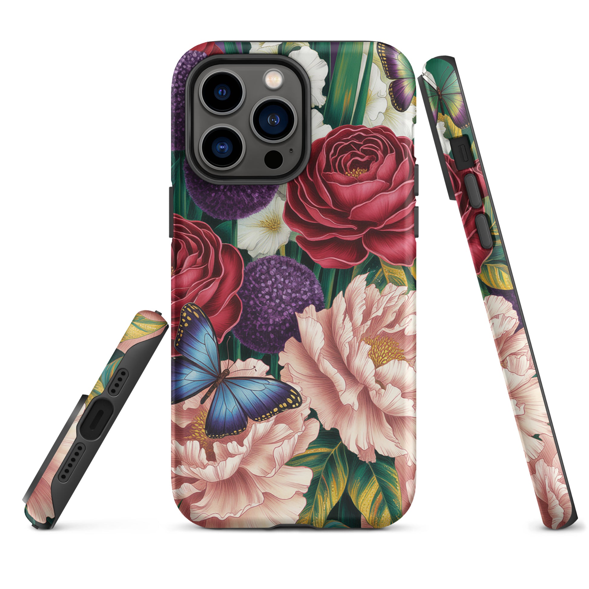 Phone Case for iPhone with botanical garden design featuring roses, peonies, alliums, foliage, and butterflies.