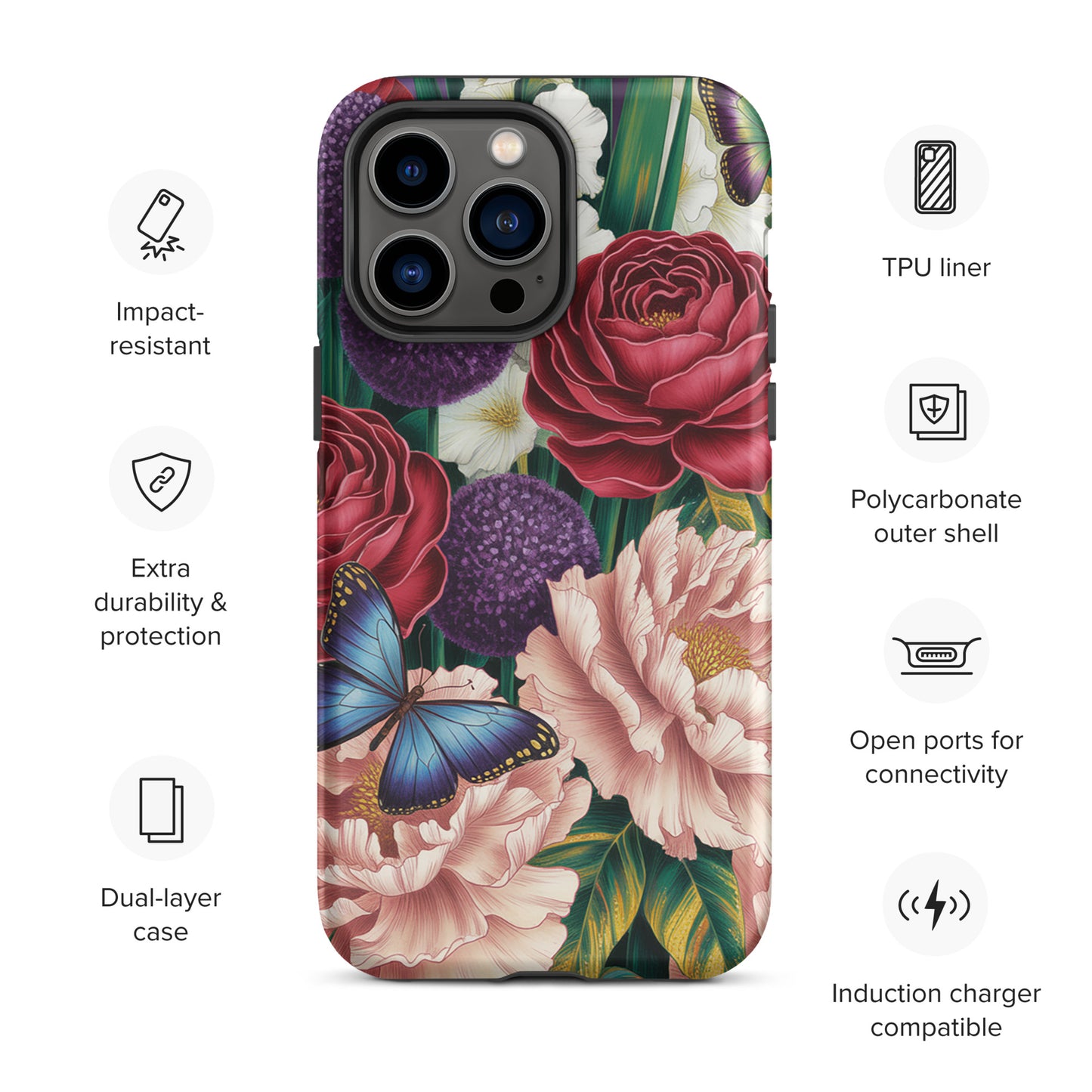 Phone Case for iPhone with botanical garden design featuring crimson roses, pink peonies, purple alliums, and blue butterflies.