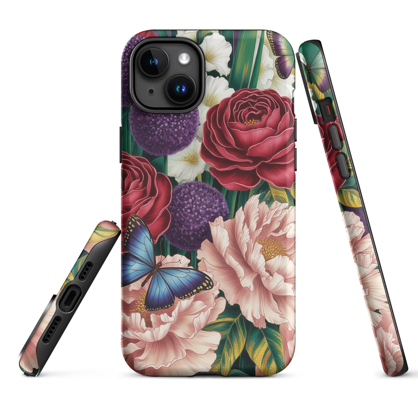 Phone Case for iPhone featuring crimson roses, blush pink peonies, purple alliums, and sapphire-blue butterflies botanical design.