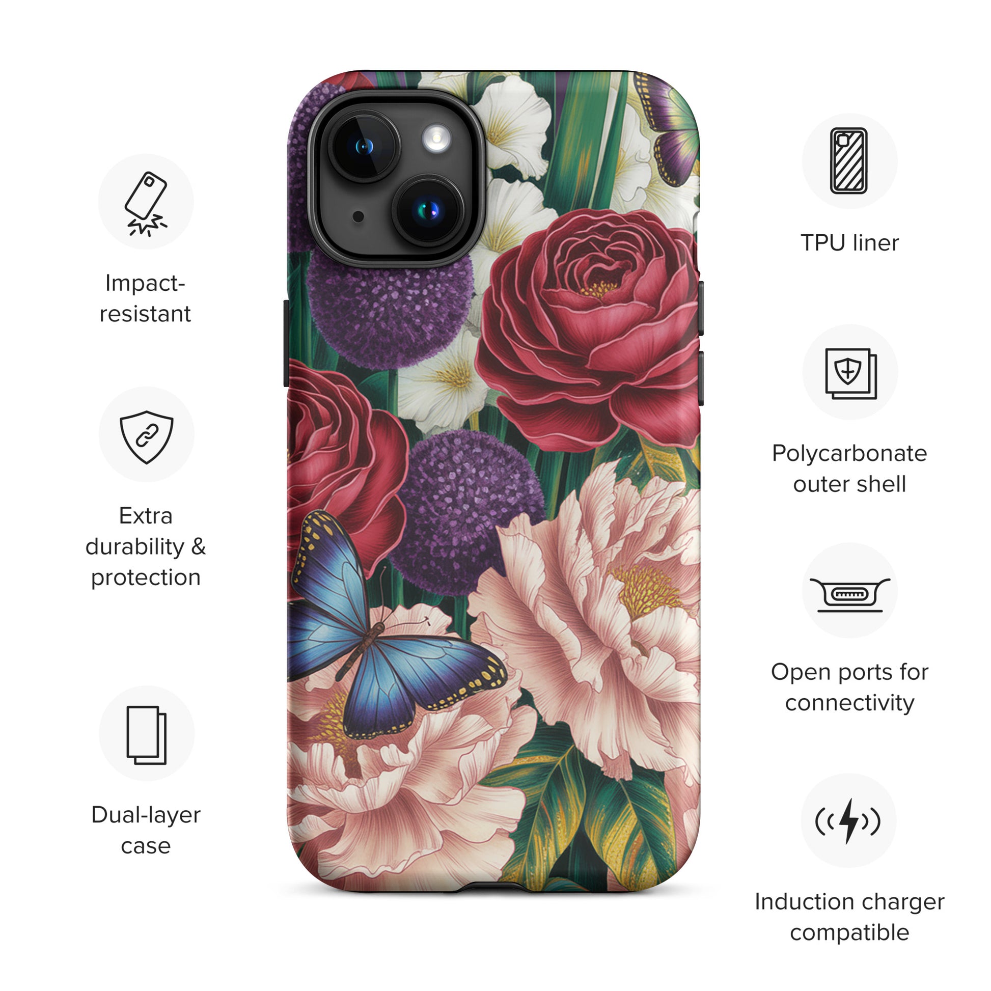 Phone Case with hand-painted botanical garden design featuring crimson roses, pink peonies, purple alliums, and blue butterflies for iPhone