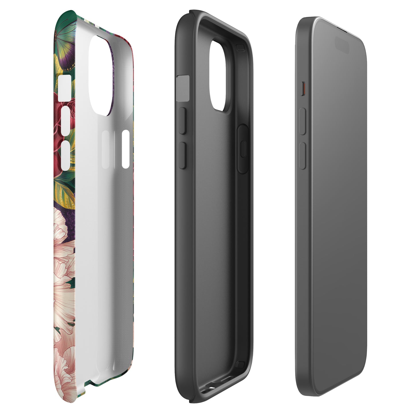 Phone Case for iPhone with botanical garden bloom design featuring red roses, pink peonies, and blue butterflies for stylish protection.