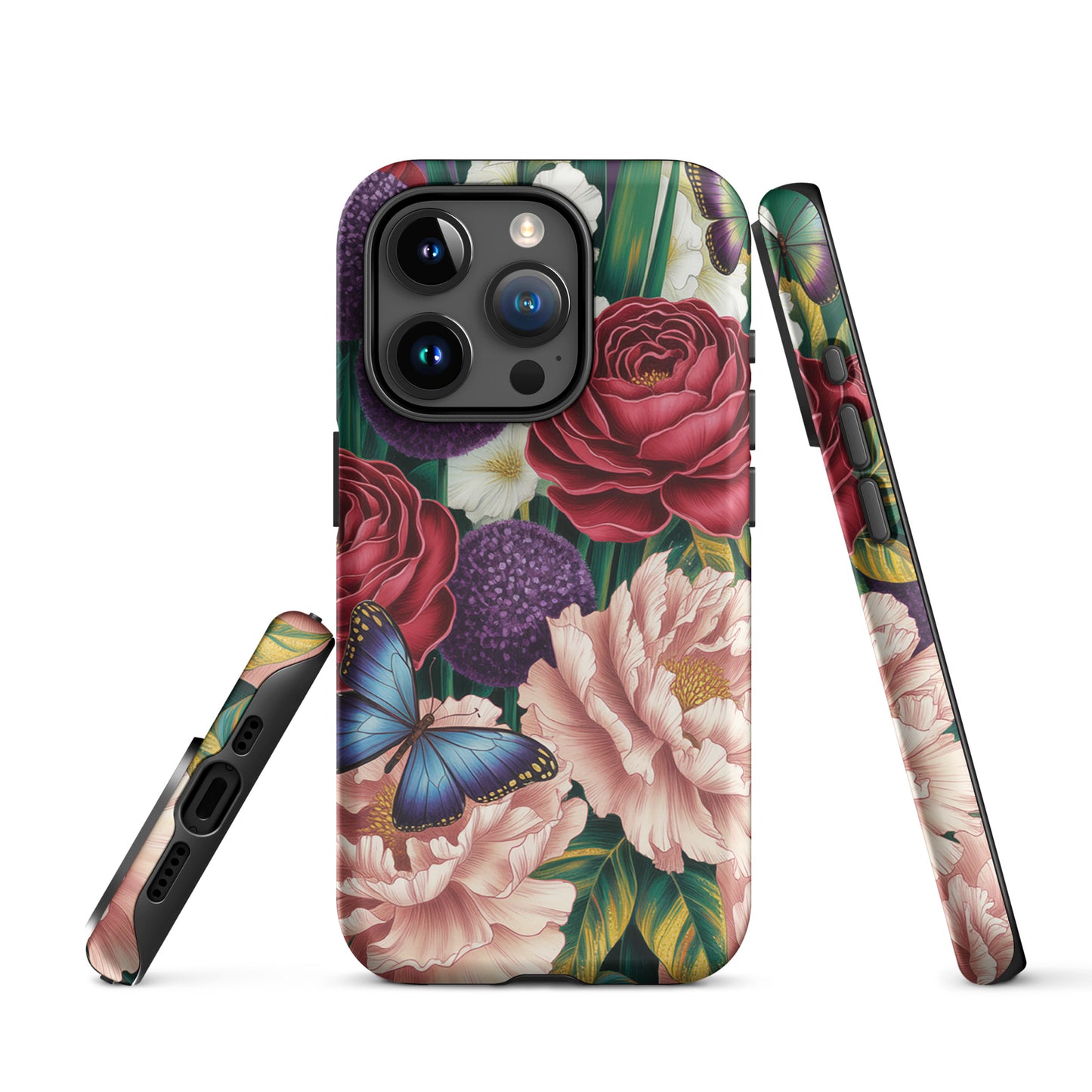 Phone Case for iPhone featuring crimson roses, pink peonies, purple alliums, and blue butterflies with lush green foliage