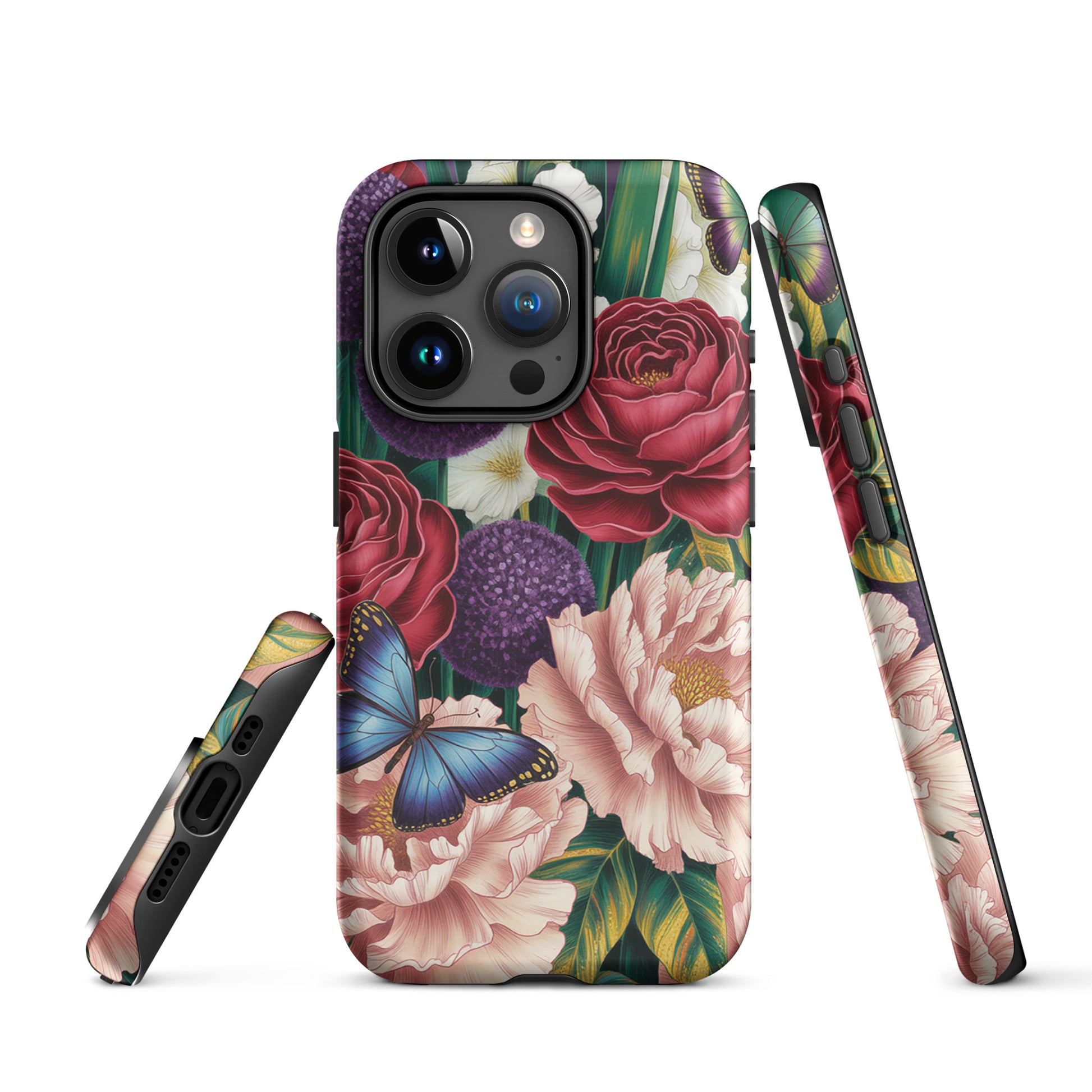Phone Case for iPhone featuring crimson roses, pink peonies, purple alliums, and blue butterflies with lush green foliage