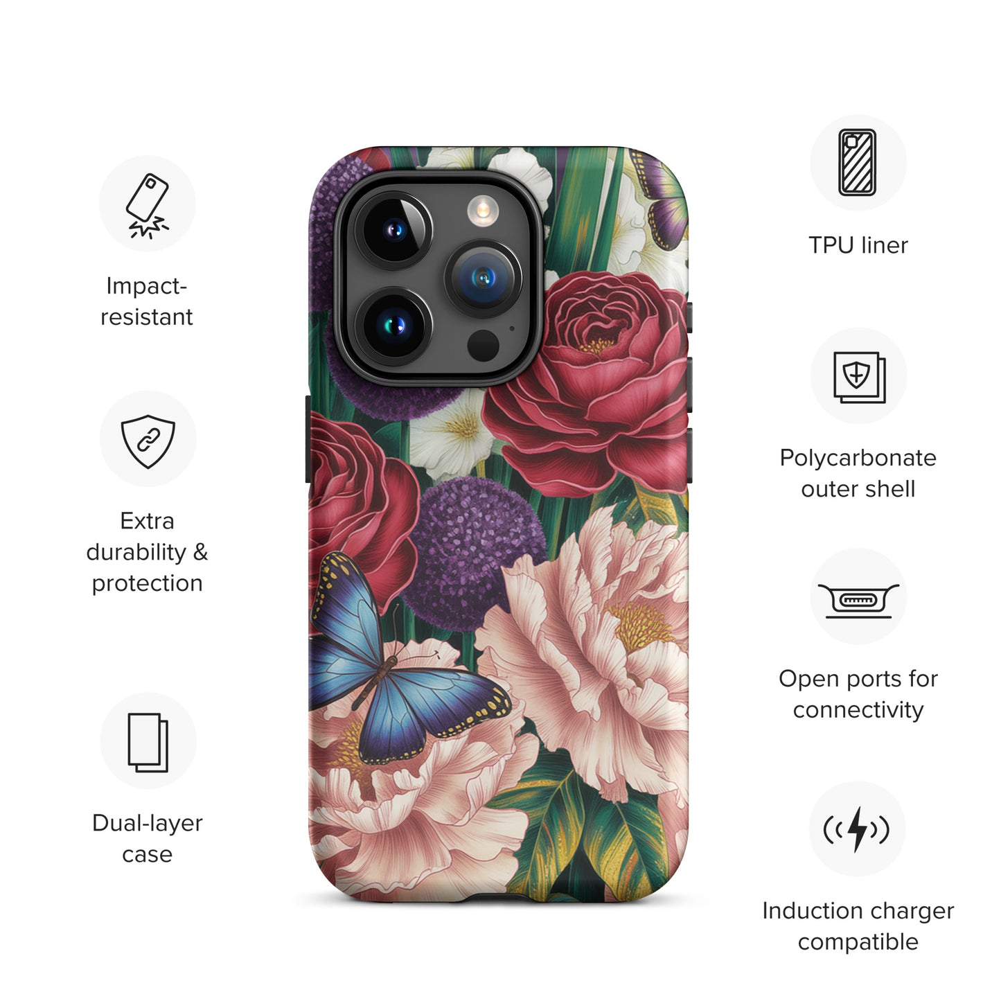 Phone Case for iPhone with botanical garden design featuring roses, peonies, alliums, foliage, and butterflies.
