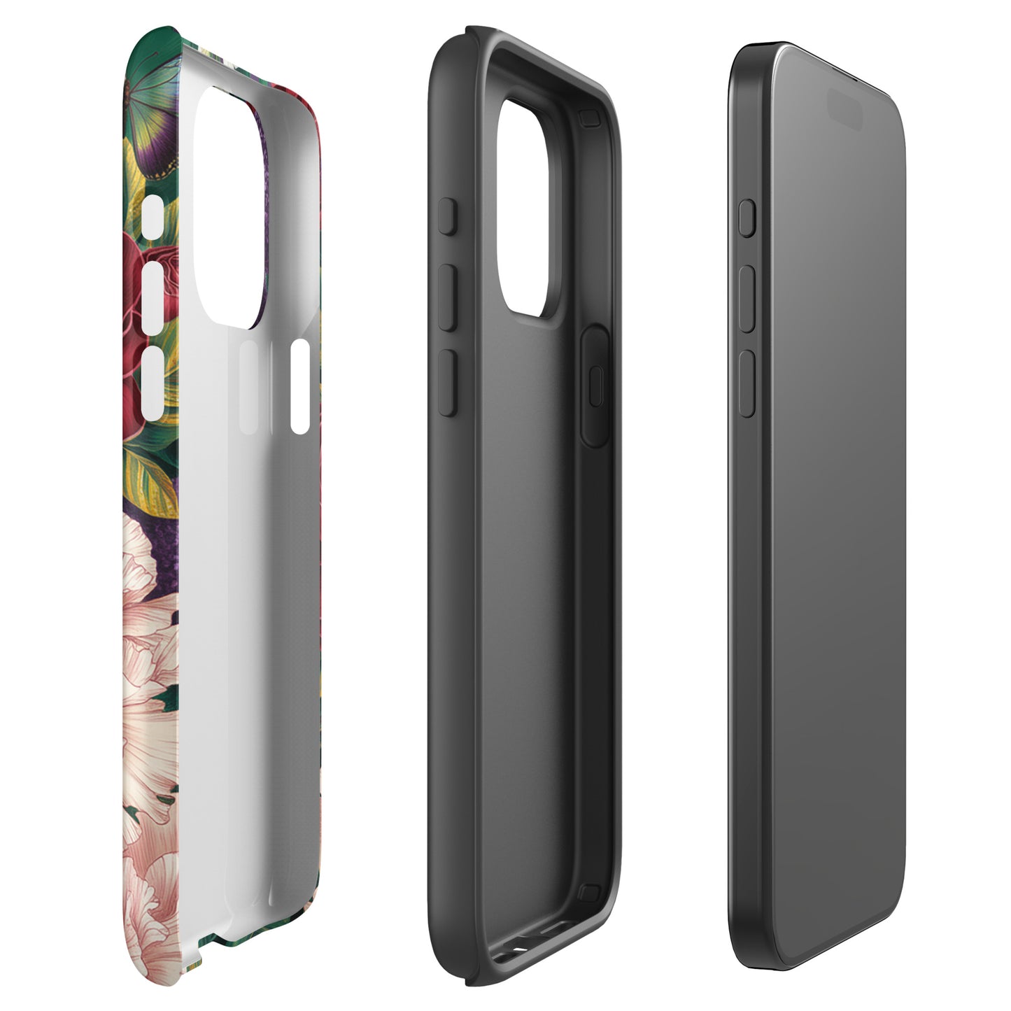 Phone Case for iPhone featuring botanical garden bloom design with roses, peonies, alliums, butterflies for stylish protection.