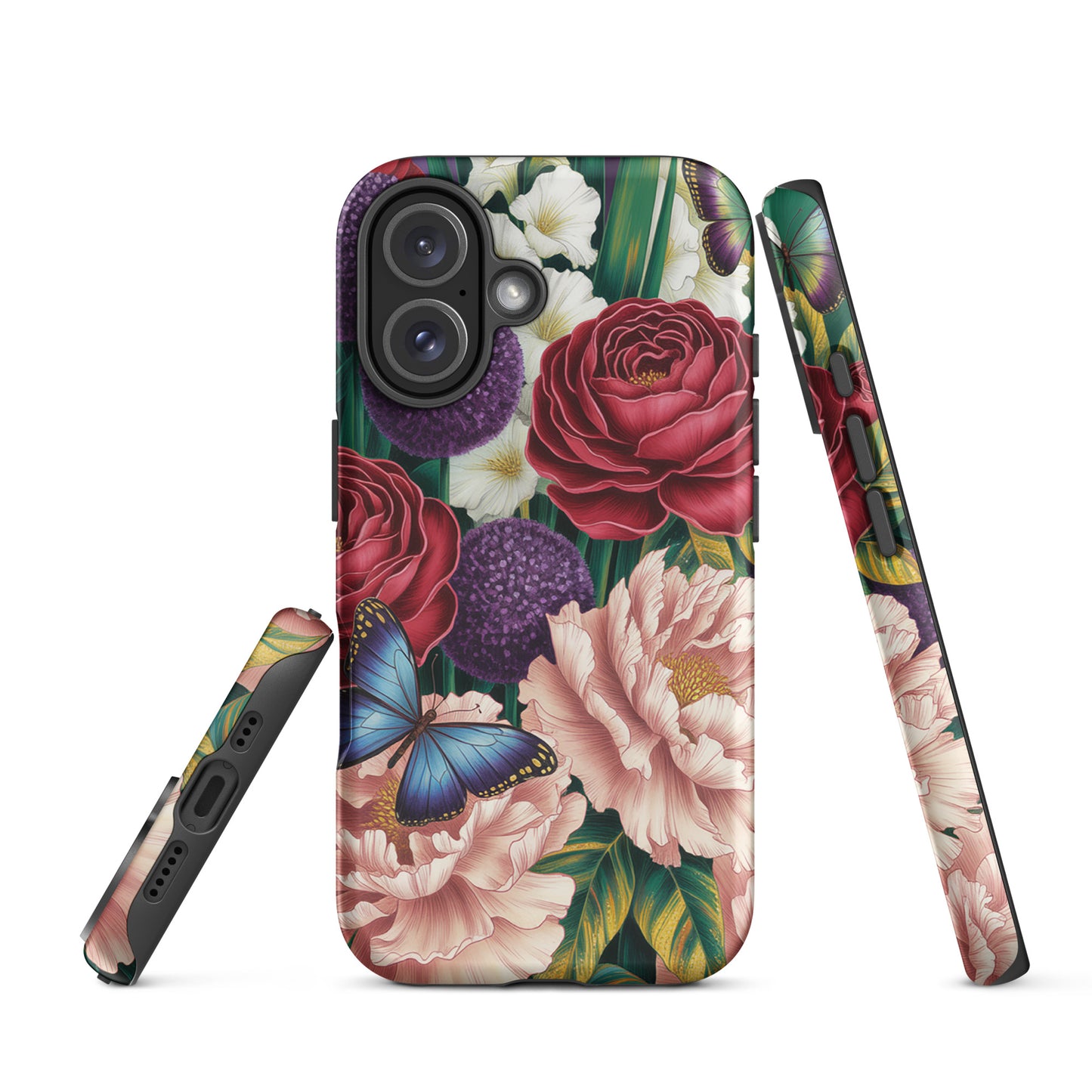 Phone Case for iPhone with floral botanical design, featuring red roses, pink peonies, purple alliums, and blue butterflies.