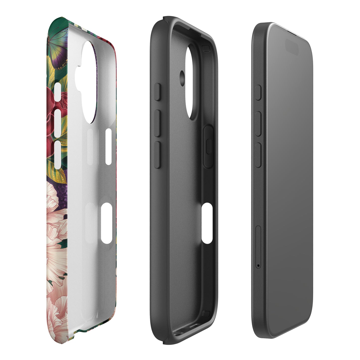 Three-panel view of Phone Case for iPhone with floral design featuring roses, peonies, and butterflies, offering stylish protection.