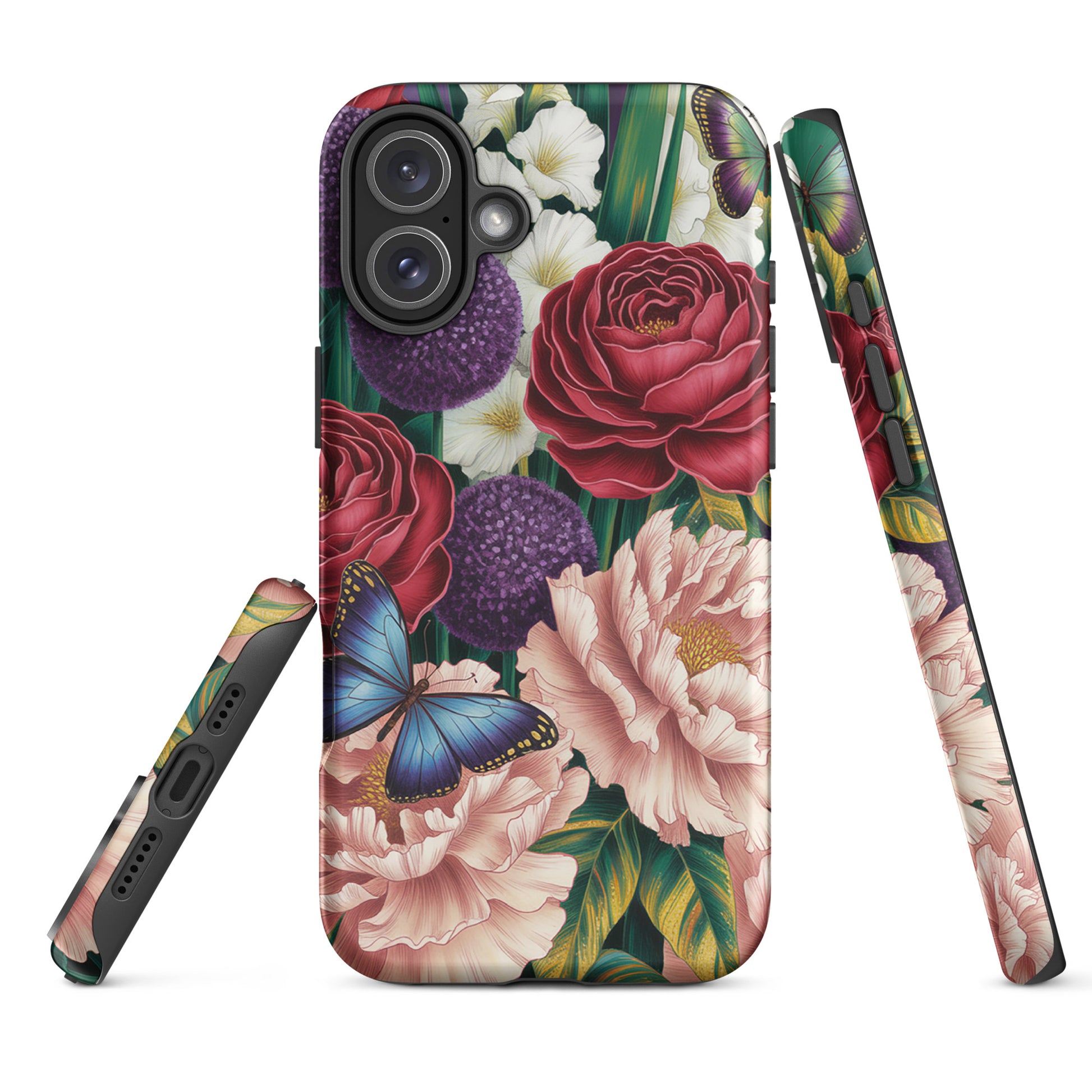 Botanical Garden Bloom Phone Case with crimson roses, pink peonies, purple alliums, and blue butterflies for iPhone.