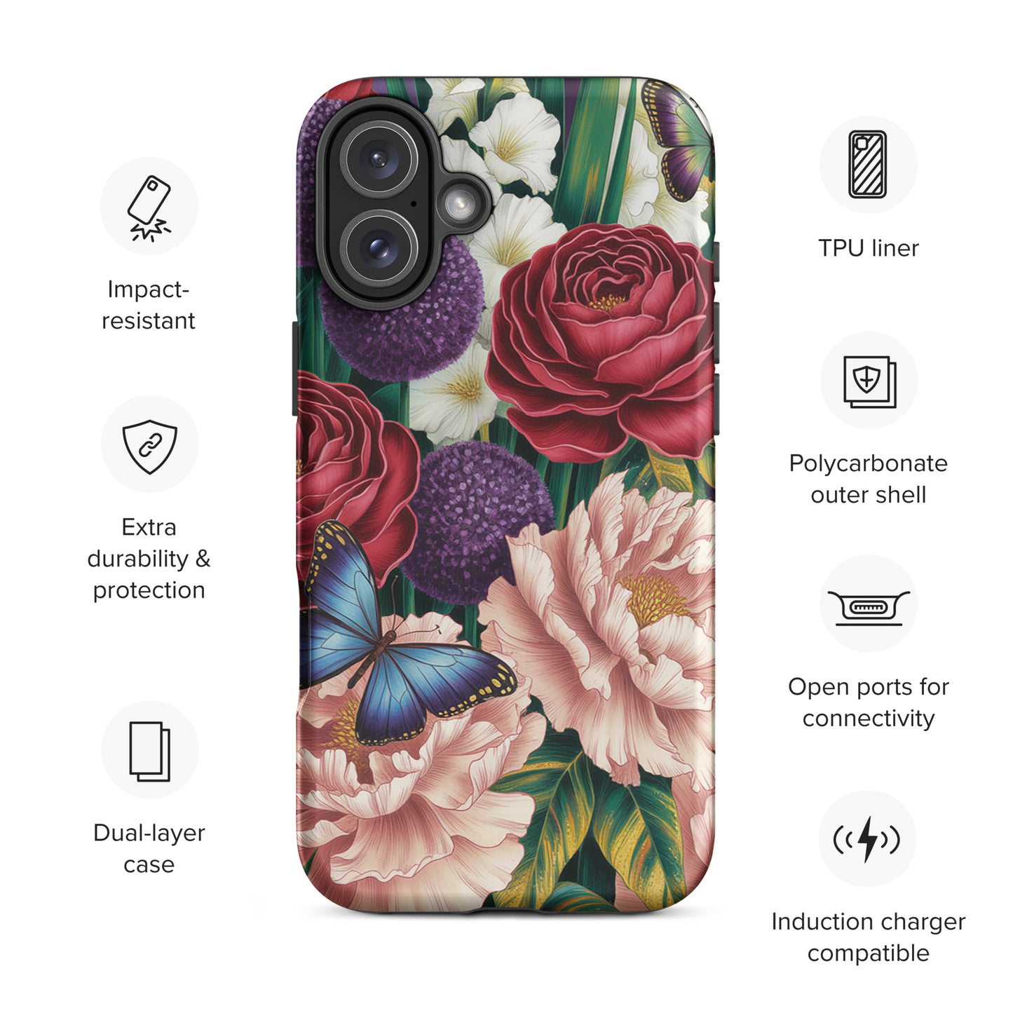 Phone Case for iPhone with floral design featuring crimson roses, pink peonies, purple alliums, and blue butterflies, impact-resistant features.