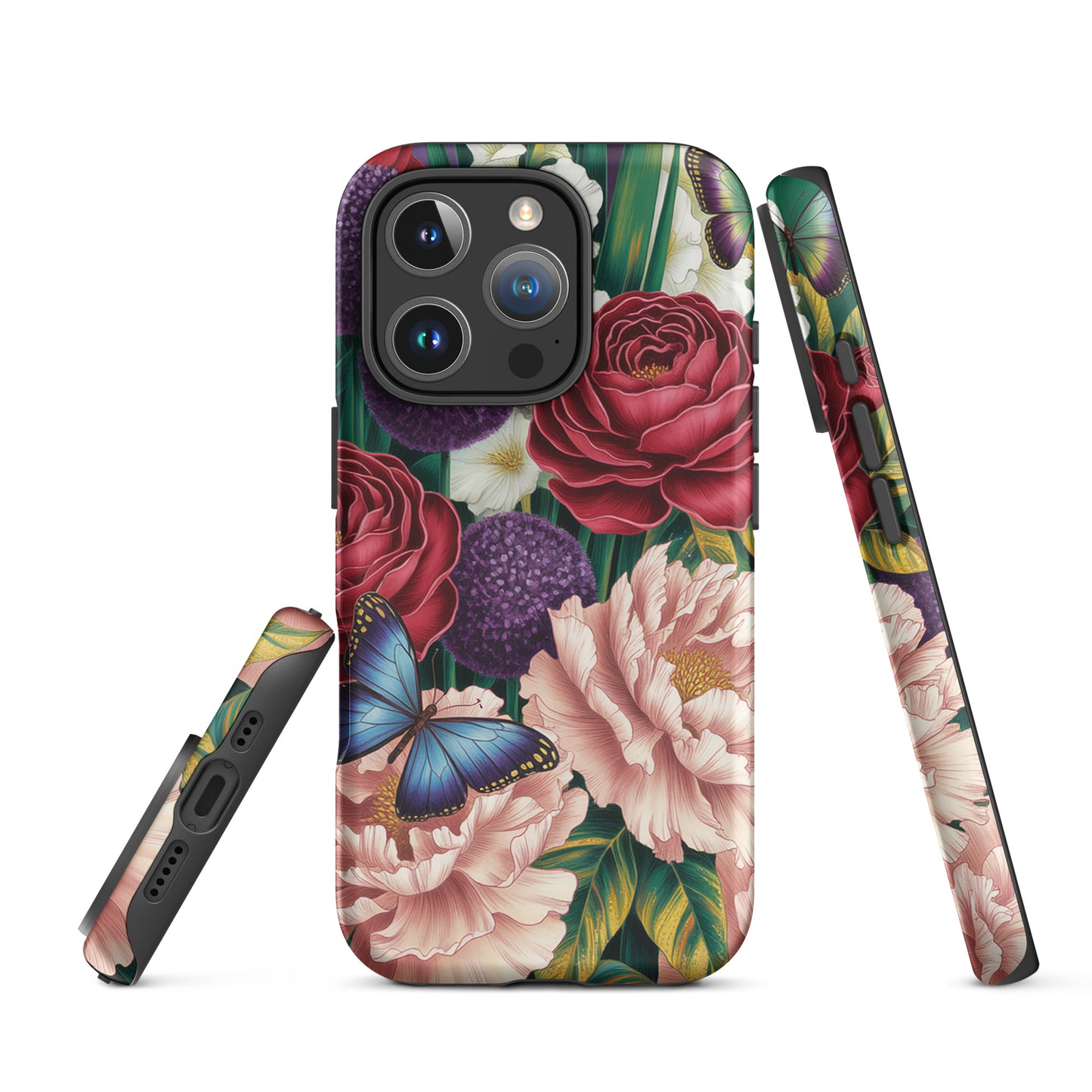 Phone Case for iPhone with floral design of roses, peonies, alliums, and butterflies, creating a vibrant botanical garden look.