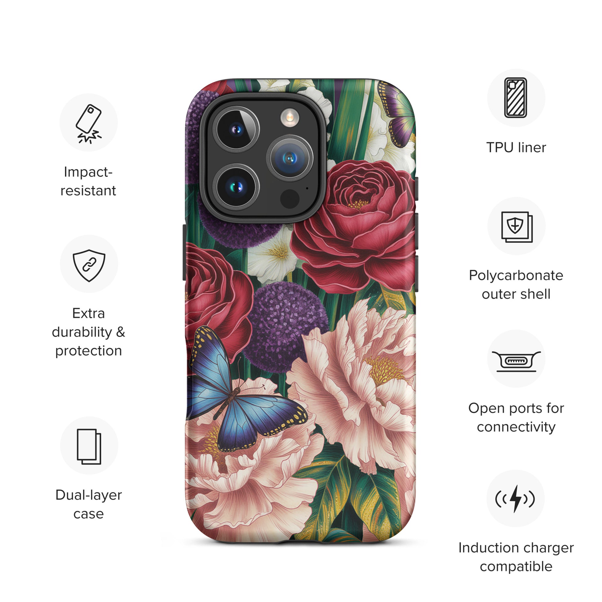 Phone Case for iPhone adorned with botanical garden blooms, featuring crimson roses, pink peonies, purple alliums, and blue butterflies.