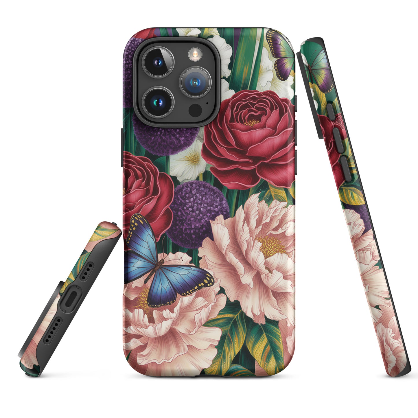 Phone Case featuring hand-painted garden blooms with roses, peonies, alliums, and butterflies for iPhone protection.