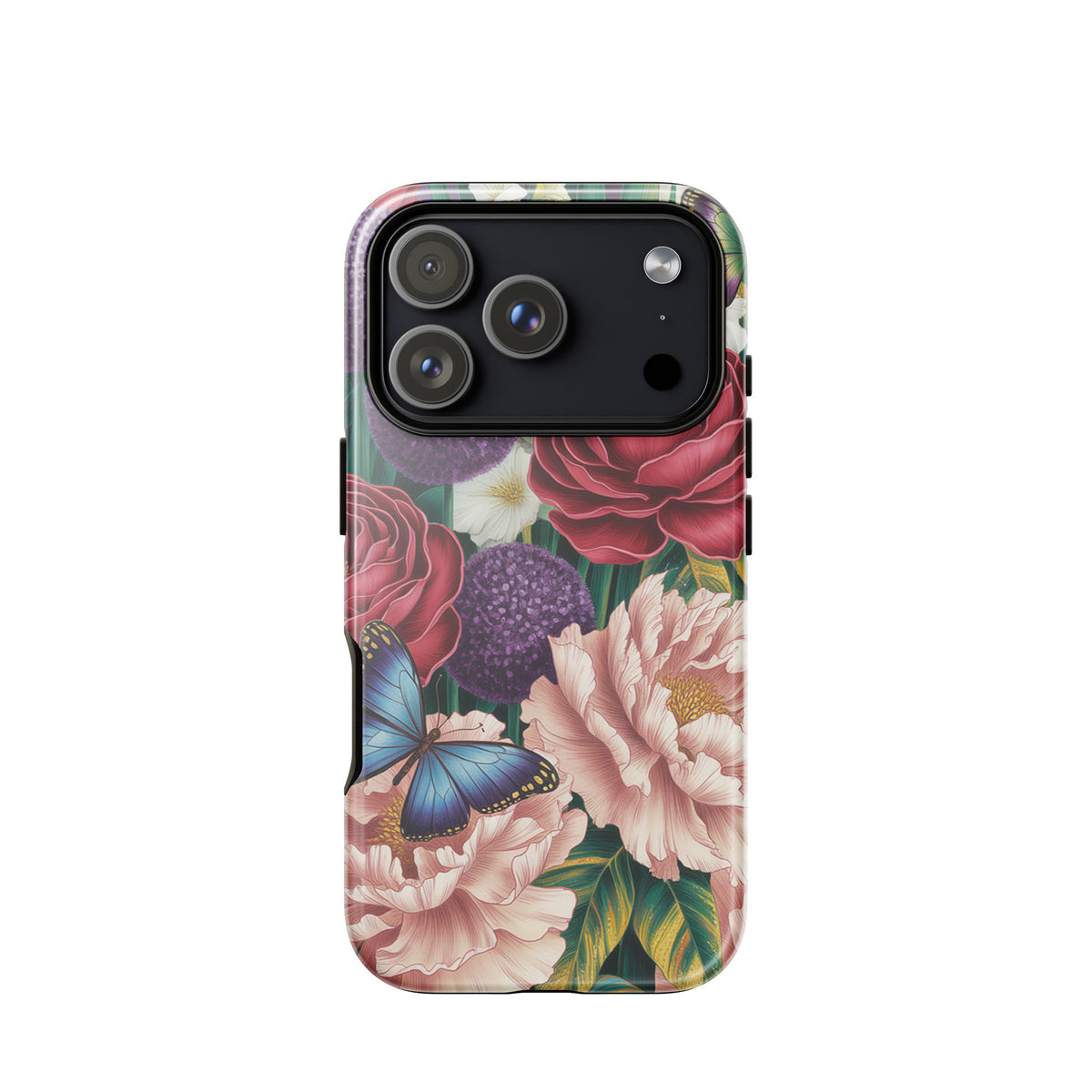 Phone Case featuring vivid roses, peonies, and alliums with blue butterflies, perfect for iPhone botanical garden lovers.