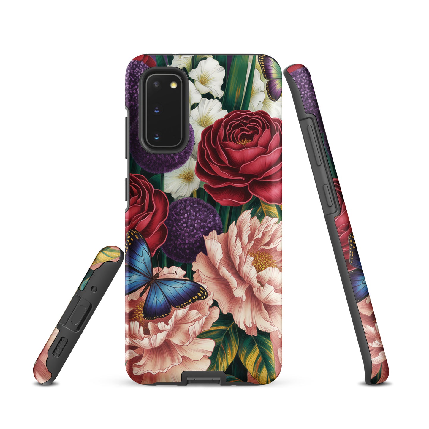 Phone Case for Samsung Galaxy with crimson roses, pink peonies, purple alliums, and butterflies in a botanical garden design.
