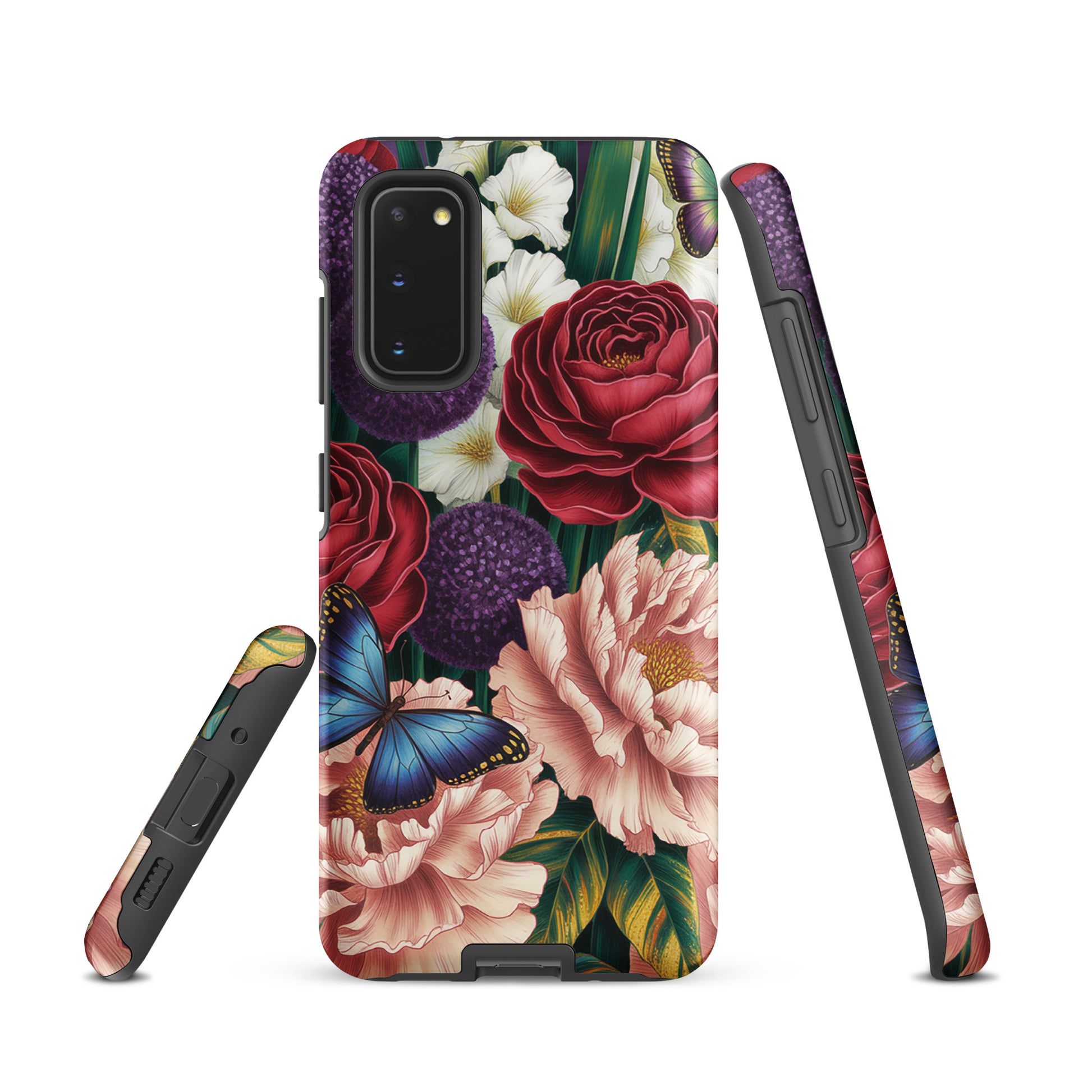 Phone Case for Samsung Galaxy with crimson roses, pink peonies, purple alliums, and butterflies in a botanical garden design.