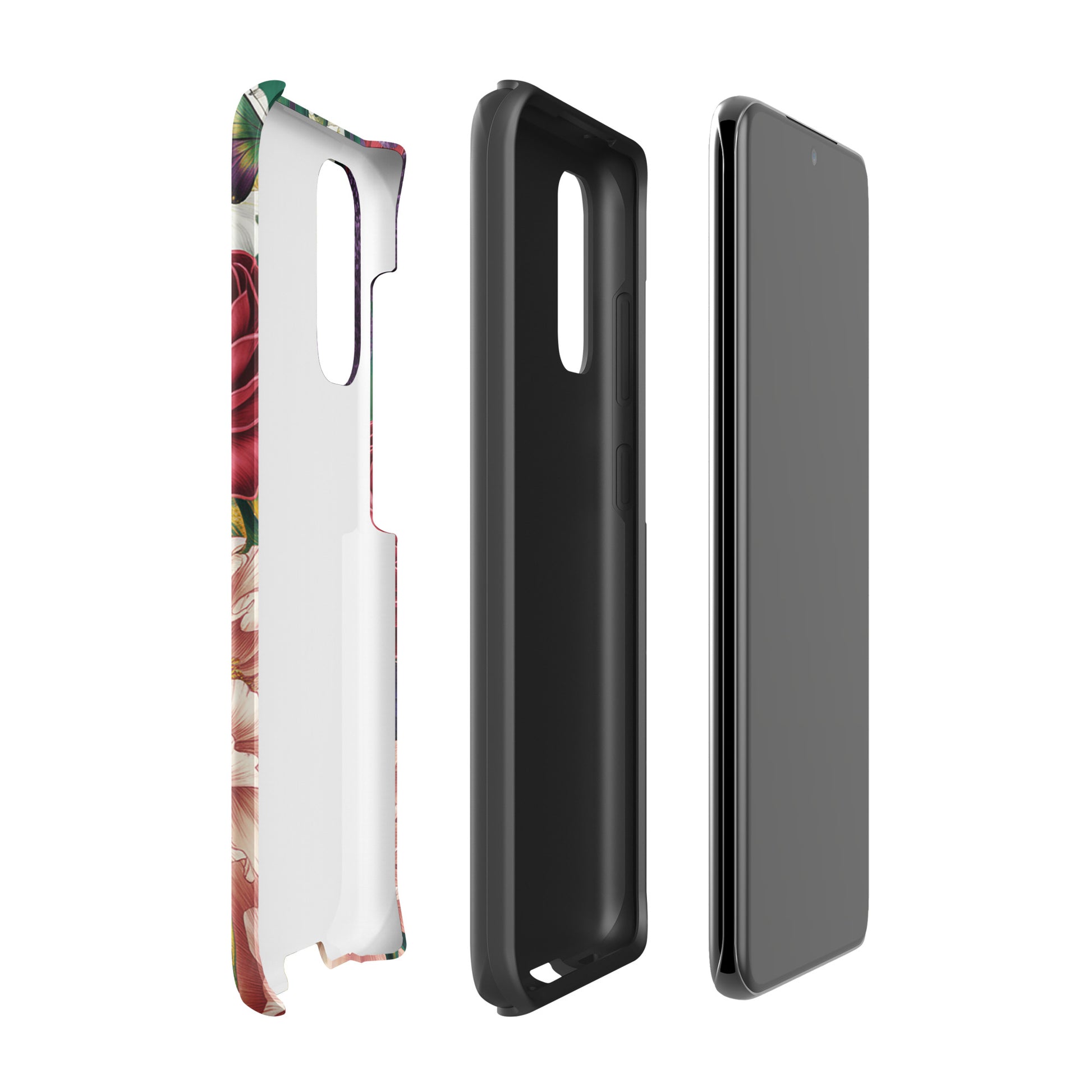 Phone Case for Samsung Galaxy with floral design, featuring crimson roses and pink peonies, shown in different angles.