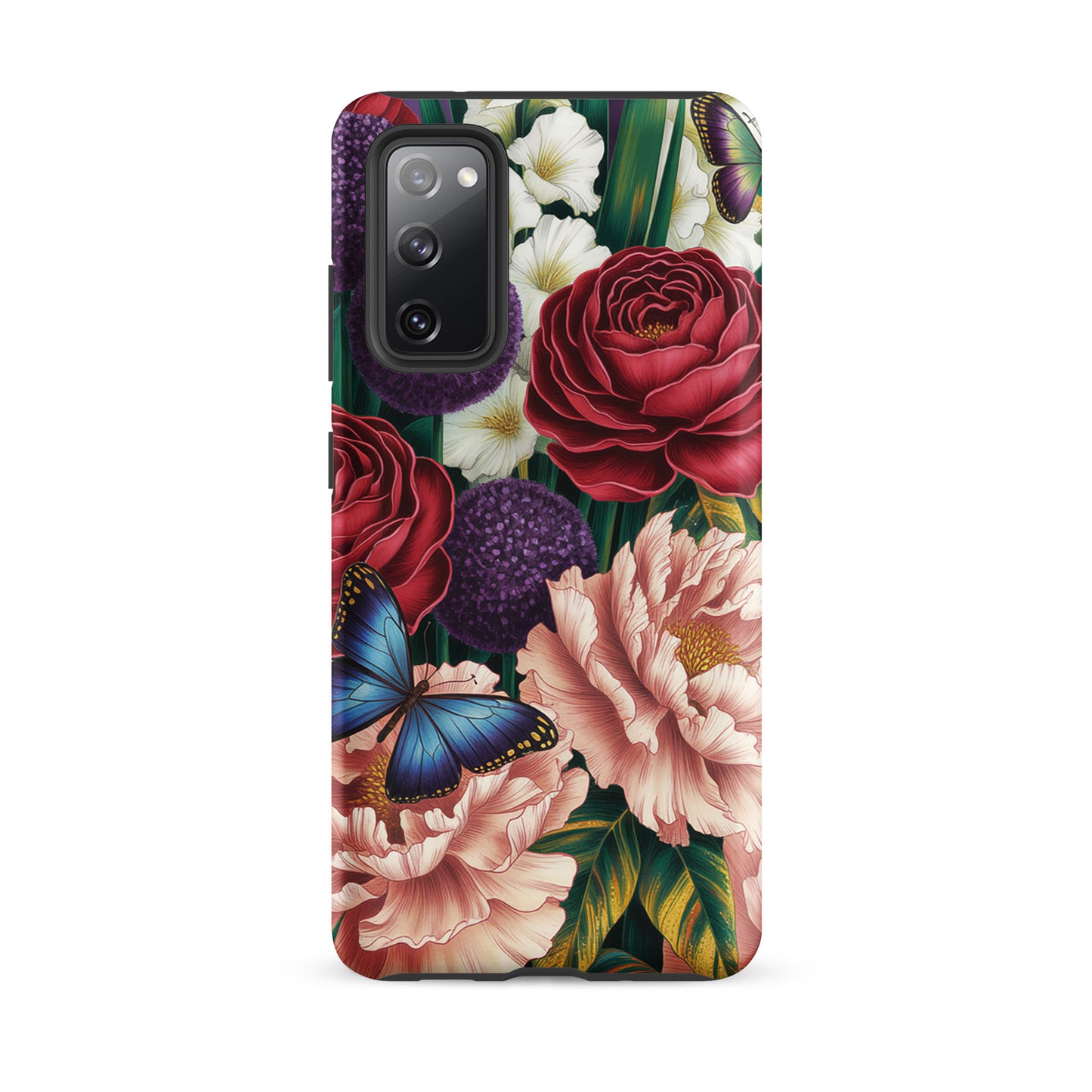 Phone Case for Samsung Galaxy with botanical garden design featuring crimson roses, blush peonies, purple alliums, and blue butterflies.