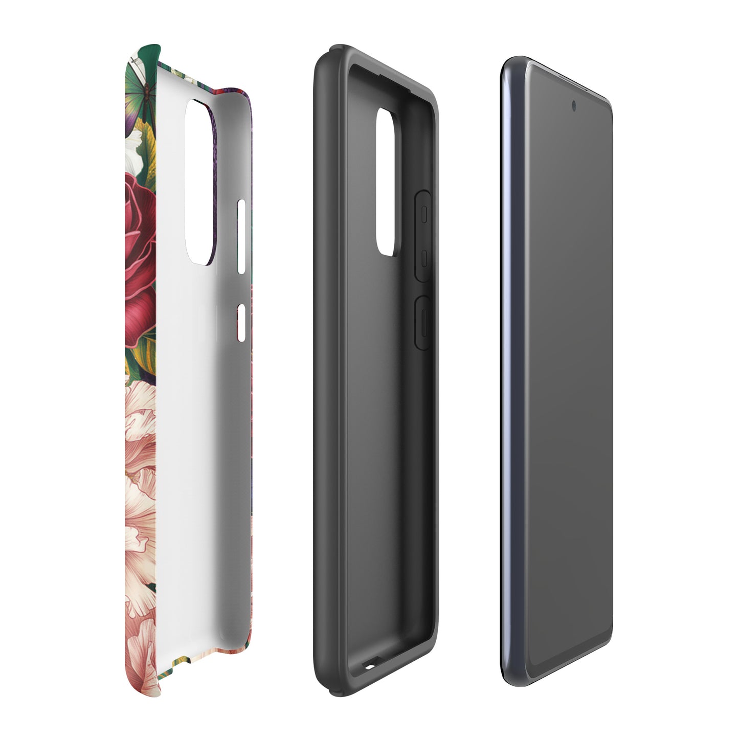 Phone Case for Samsung Galaxy featuring a botanical garden bloom design with vivid flowers and butterflies.