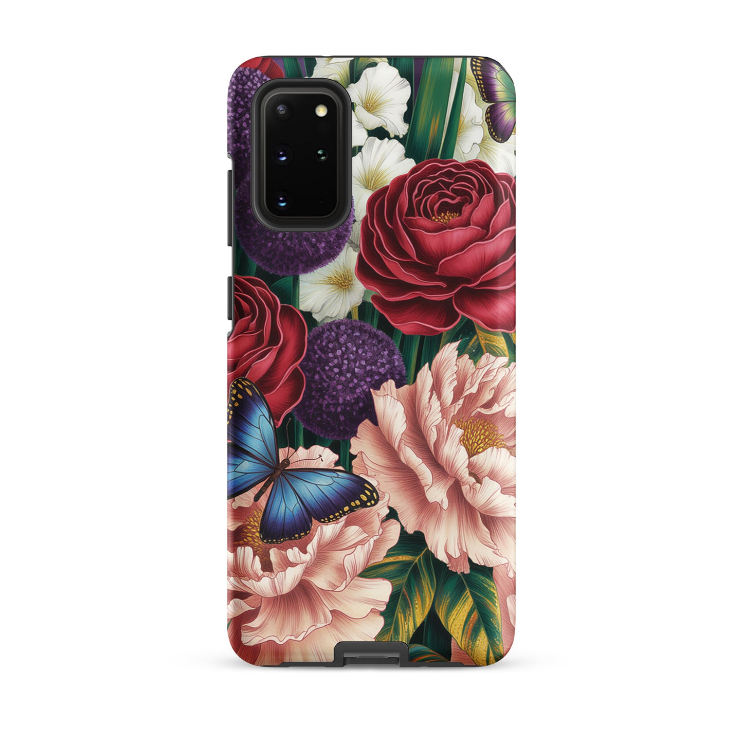 Phone Case for Samsung Galaxy featuring botanical design with vivid roses, peonies, alliums, butterflies, and lush foliage