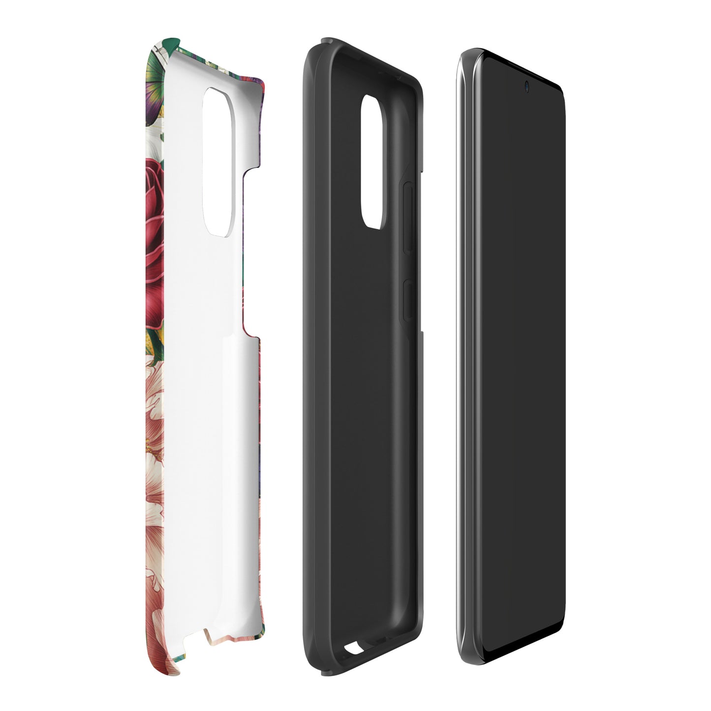 Phone Case for Samsung Galaxy with botanical garden bloom design featuring crimson roses, pink peonies, and purple alliums.