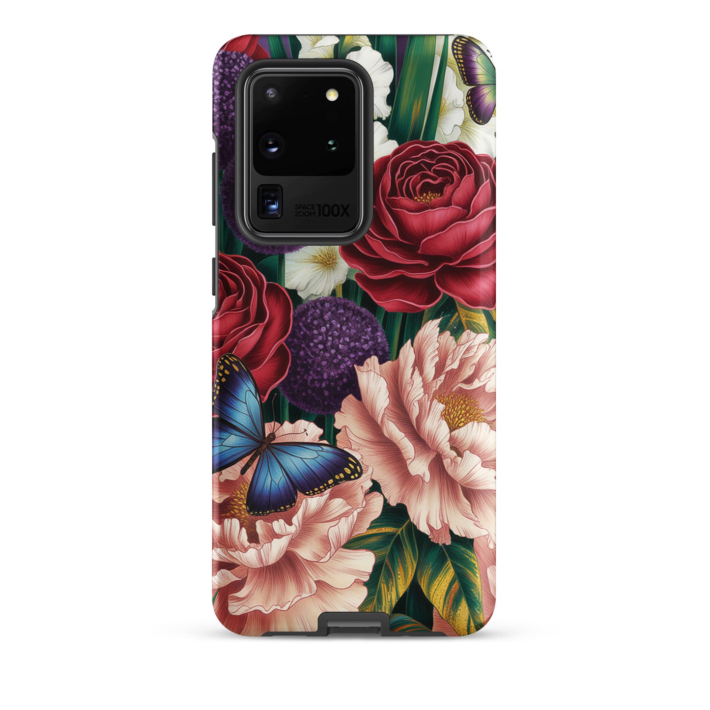 Phone Case for Samsung Galaxy featuring botanical design with roses, peonies, alliums, and butterflies.