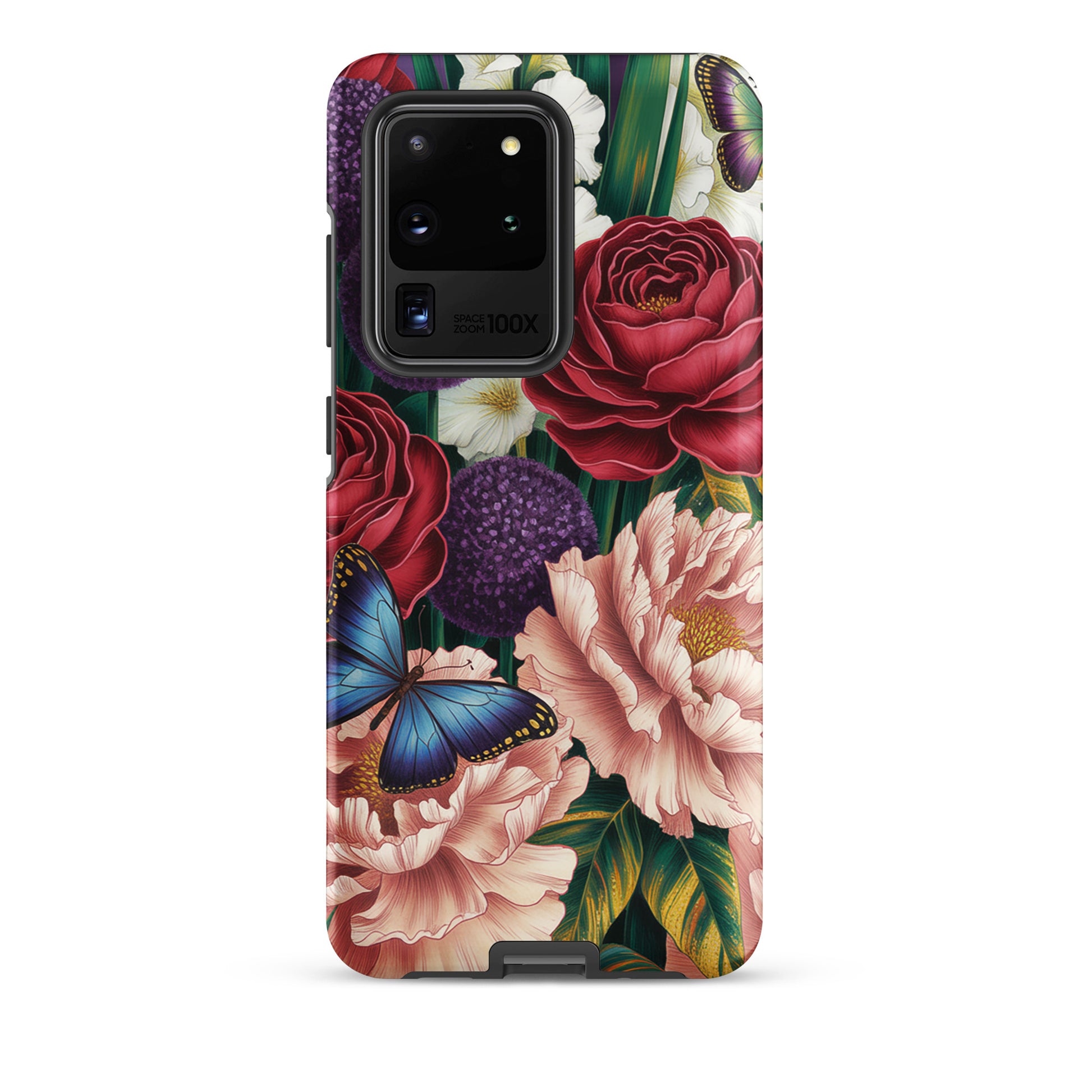 Phone Case for Samsung Galaxy featuring botanical design with roses, peonies, alliums, and butterflies.