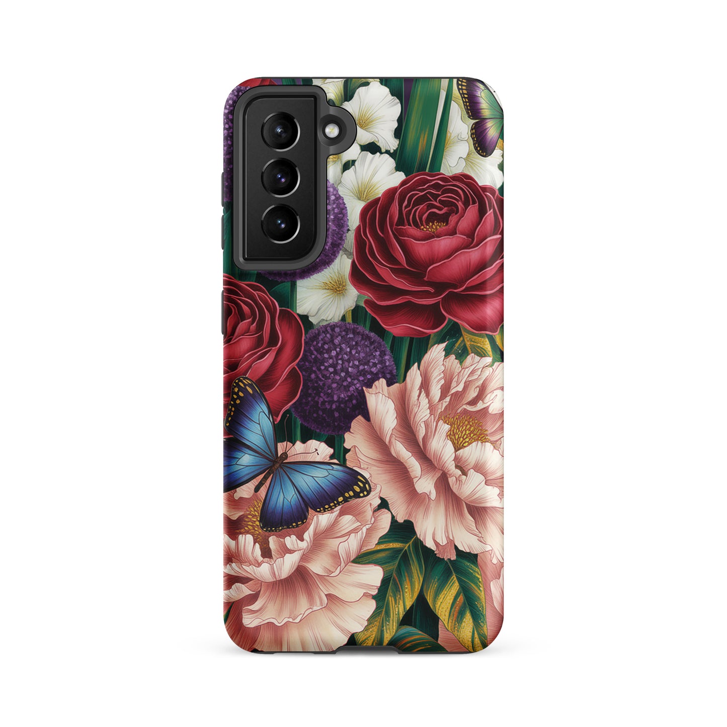Phone Case for Samsung Galaxy with botanical design featuring roses, peonies, alliums, and butterflies, blending elegance and protection.